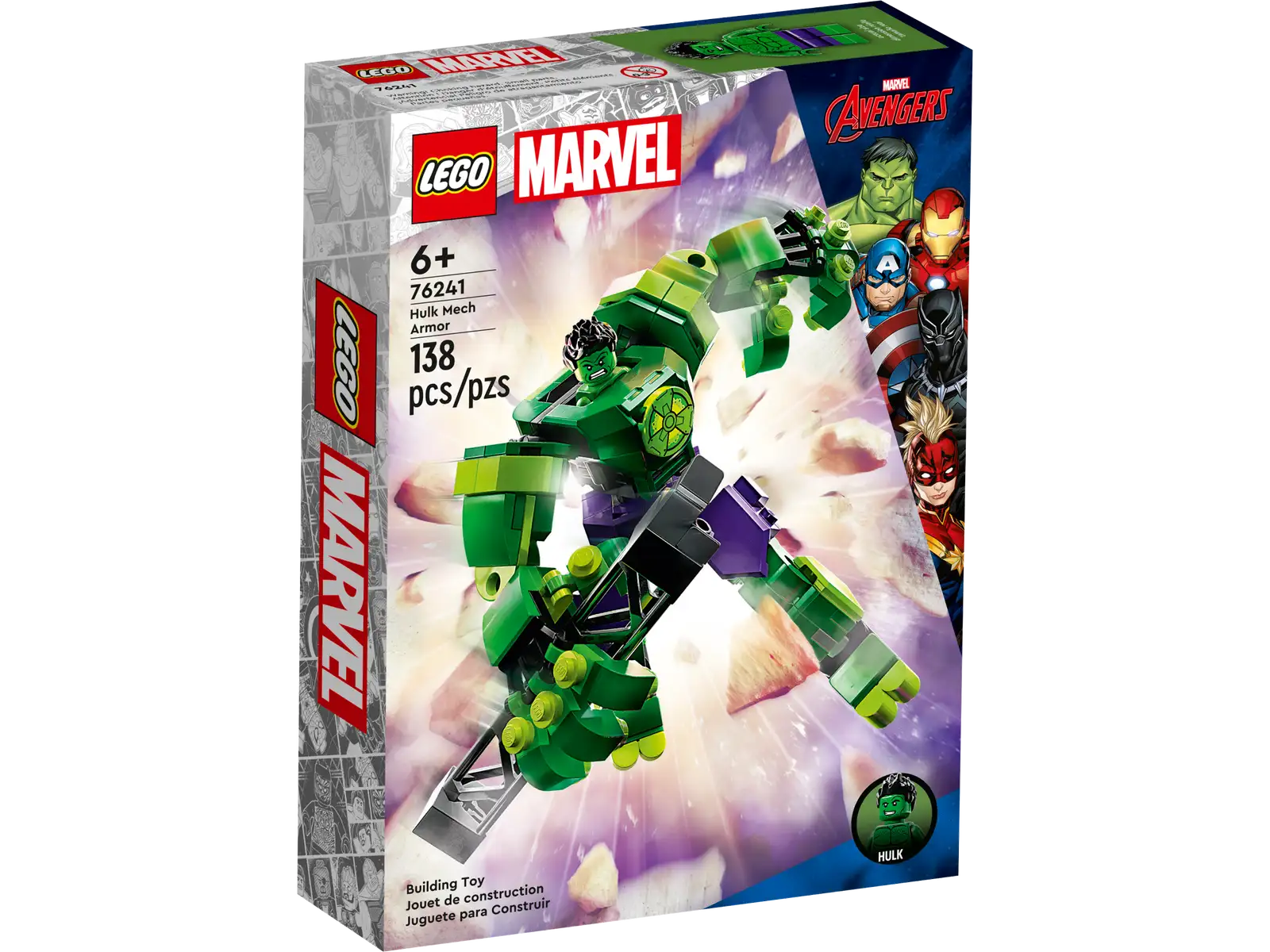 Treat a Marvel Avengers fan to supersized Super Hero action with LEGO® Marvel Hulk Mech Armor (76241). The mighty, movable mech puts mega Marvel adventures into the hands of kids aged 6 and up. Jointed Hulk mech figure Kids place the Hulk LEGO minifigure into the opening cockpit of the mech, ready to take the giant fighting machine into its next mission. The jointed mech features movable arms, legs and fingers, allowing it to be positioned and posed for endless play-and-display possibilities. A ‘stone’ pillar helps inspire imaginative action. For added digital fun, the LEGO Builder app features intuitive zoom and rotate tools that let kids visualize their model as they build. Hands-on treat – Young Super Heroes will enjoy endless action and imaginative play with LEGO® Marvel Hulk Mech Armor (76241), the mega, movable battling machine Iconic Super Hero – Includes a Hulk minifigure and a buildable Hulk mech with fully jointed arms, legs and fingers Movable limbs for play and display – The Hulk minifigure fits into the opening cockpit of the fully jointed mech, which easily adjusts for endless play-and-display action Treat for Marvel fans – This hands-on build-and-play toy is a versatile birthday, holiday or any-day gift for kids aged 6 and up Pick-up-and-play – This portable play figure stands over 4 in. (12 cm) tall, so kids can take it wherever they go Interactive digital building – The LEGO® Builder app features intuitive zoom and rotate tools that let kids visualize their model as they build Unlimited Super Hero fun – The extensive range of LEGO® Marvel building toys is designed to deliver endless imaginative build-and-play possibilities Quality guaranteed – LEGO® components fulfill stringent industry quality standards to ensure they are consistent, compatible and connect smoothly every time Safety assured – LEGO® components are dropped, heated, crushed, twisted and analyzed to make sure they satisfy rigorous global safety standards
