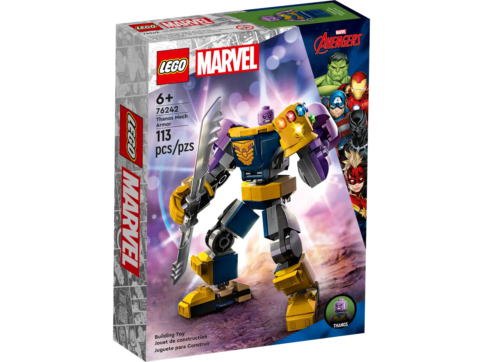 Fans of Marvel's Thanos will love this supersized Super Hero treat. LEGO® Marvel Thanos Mech Armor (76242) takes the universe’s most powerful super villain and makes him even more awesome! This is a great gift for kids aged 6 and up. Adjustable Thanos mech and minifigure The Thanos LEGO minifigure fits neatly into the opening cockpit of the mech. Fully jointed arms, legs and fingers allow it to be positioned and posed for imaginative play-and-display possibilities. The character’s famous double-sided sword, Infinity Gauntlet and Infinity Stones are also included to ensure the adventures never end. For added digital fun, the LEGO Builder app features intuitive zoom and rotate tools that let kids visualize their model as they build. Supersized super villain – LEGO® Marvel Thanos Mech Armor (76242) is a fully jointed giant that puts endless imaginative action into kids’ hands Authentic Marvel action – Includes a Thanos minifigure and a buildable Thanos mech with adjustable arms, legs and fingers, plus the iconic double-sided sword, Infinity Gauntlet and Infinity Stones Easy to position and pose – The Thanos minifigure fits into the opening cockpit of the mech, whose movable limbs adjust for endless play-and-display possibilities Gift for Marvel fans – Give kids aged 6 and up this hands-on, build-and-play toy as a birthday, holiday or any-day treat Take-anywhere figure – Standing over 4 in. (12 cm) tall, this pick-up-and-play building toy delivers big fun wherever kids go Interactive digital building – The LEGO® Builder app features intuitive zoom and rotate tools that let kids visualize their model as they build Unlimited Super Hero fun – The extensive range of LEGO® Marvel building toys is designed to deliver endless imaginative build-and-play possibilities Quality guaranteed – LEGO® components fulfill stringent industry quality standards to ensure they are consistent, compatible and connect smoothly every time Safety assured – LEGO® components are dropped, heated, crushed, twisted and analyzed to make sure they satisfy rigorous global safety standards