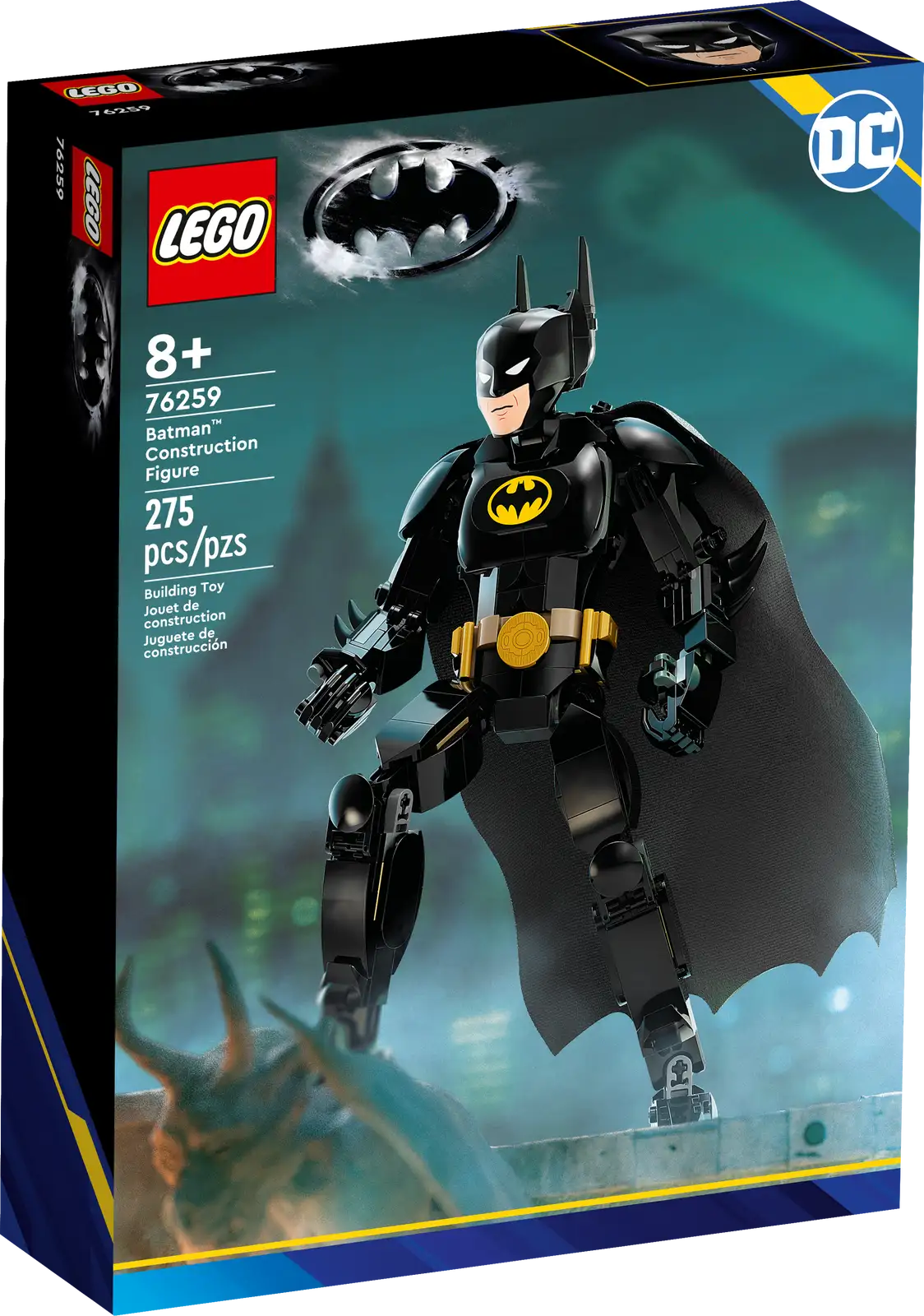 Put the future of GOTHAM CITY™ into the hands of your young crimefighter with the LEGO® DC Batman™ Construction Figure (76259). Standing over 10.5 in. (26 cm) tall, this fully jointed, authentically detailed Batman toy will encourage kids aged 8+ to discover their inner superhero. Realistic recreation The figure captures the style and strength of Batman as depicted in the 1989 Batman movie. With movable shoulder, arm, hip and leg joints, this versatile action toy is enjoyable to build, play with and put on display. Authentically detailed and featuring a full-length textile cape, this portable figure inspires endless play possibilities wherever kids go. For added digital fun, builders can zoom in, rotate the set in 3D and track their progress using the fun, intuitive LEGO Builder app. Batman™ action figure – Put Super Hero action into kids’ hands with the LEGO® DC Batman Construction Figure (76259). Fully jointed for imaginative action and adventure Iconic Super Hero – The 275-piece figure features movable shoulder, arm, hip and leg joints and includes the character’s distinctive textile cape Position and pose – The multi-jointed figure easily adjusts, allowing kids to recreate favorite movie scenes and play out endless imaginative stories of their own Gift for kids – Give this hands-on play figure to a young Super Hero aged 8 and up as a birthday, holiday or just-because gift Portable play – Standing over 10.5 in. (26 cm) tall, this versatile figure lets kids take their adventures with them wherever they go Intuitive building instructions – Kids can download the LEGO® Builder app for an immersive building experience, with digital tools to zoom in and rotate models in 3D, save sets and track progress Quality guaranteed – LEGO® components meet stringent industry quality standards to ensure they are consistent, compatible and easy to build with Safety assured – LEGO® bricks and pieces are dropped, heated, crushed, twisted and analyzed to make sure they satisfy rigorous global safety standards