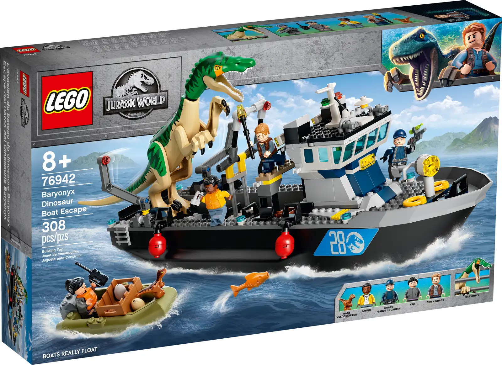 Kids can take the LEGO® Jurassic World action to the water with this Baryonyx Dinosaur Boat Escape (76942) toy playset. The first LEGO Jurassic World set ever to feature boats, it includes a brick-built boat that floats, even when carrying the posable Baryonyx dinosaur figure. The boat has a dinosaur cage, rotating ‘searchlight’ and a control room that detaches for easy access to the cargo hold. Creative building and play A great gift toy for trend-setting kids, this set also includes a baby dinosaur and 2 fish figures, 4 LEGO minifigures and lots of accessory elements, such as a tranquilizer, Taser, dinosaur eggs, life jackets and more to inspire storytelling. Step-by-step instructions are included so even LEGO newcomers can enjoy the building experience. World of dinosaur action The LEGO Jurassic World range has premium-quality sets to excite all ages, with molded, buildable dinosaur figures, minifigures, impressive buildings and cool vehicles for play and display. Kids can role-play an exciting Baryonyx Dinosaur Boat Escape with this awesome LEGO® Jurassic World toy playset (76942), featuring a cool, buildable boat that floats – even with a dinosaur on board! Includes 4 minifigures: Darius, Yaz, Owen Grady and a guard, plus a posable Baryonyx, baby dinosaur and 2 fish toy figures, and accessory elements including a tranquilizer, Taser and 2 dinosaur eggs. The boat features a control room that can be lifted off for easy access to the cargo hold, adinosaur cage and a rotating ‘searchlight’. The set also includes a small toy speedboat that floats. Inspired by Jurassic World Camp Cretaceous and other Jurassic World stories, this premium-quality toy playset makes a top Christmas gift, birthday present or awesome treat for kids aged 8 and up. The large, floating boat toy measures over 5.5 in. (14 cm) high, 16 in. (40 cm) long and 5 in. (13 cm) wide. It’s the first LEGO® Jurassic World set to include boats! Is your dinosaur-loving youngster new to building with LEGO® bricks? No problem. This 308-piece set comes with illustrated, step-by-step instructions so they can build with confidence. LEGO® Jurassic World creative building sets allow kids (and adult fans) to relive scenes from the animated series and movies, make up their own stories or just display the cool models. LEGO® components comply with strict industry standards to ensure simple, strong connections and robust builds. LEGO® bricks and pieces are tested to the max to make sure that they satisfy demanding global safety standards.