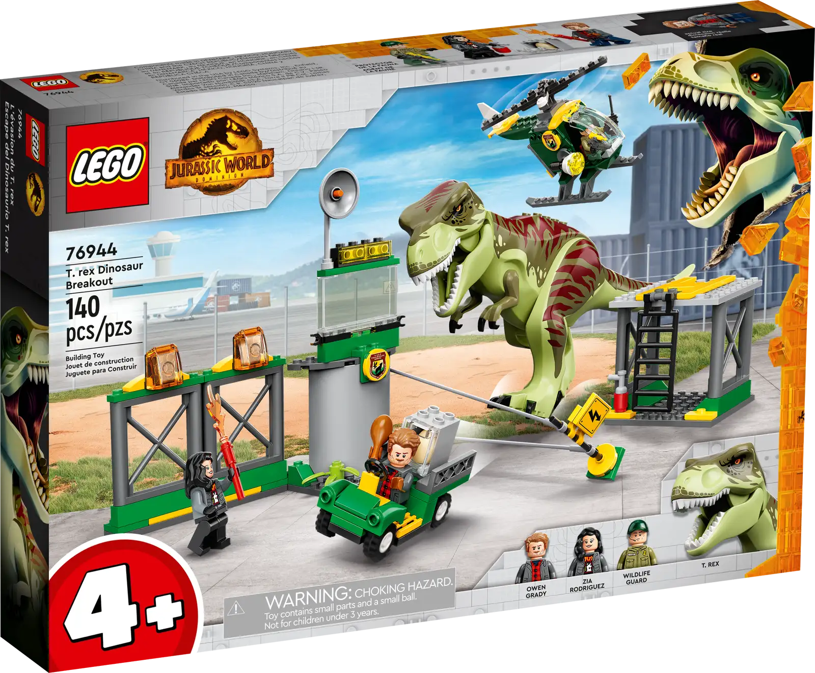 Youngsters who love dinosaurs and cool vehicles will enjoy learning to build with this LEGO® Jurassic World T. rex Dinosaur Breakout (76944) toy playset for kids aged 4 and up. It features an airport with a helipad, garage, helicopter, buggy and collapsible fence, plus a posable T. rex figure. There are also 3 minifigures – Owen Grady, Zia Rodriguez and a wildlife guard – with accessory elements such as a dinosaur egg and walkie-talkie to inspire imaginative play. Simple instructions The clear pictorial instructions are ideal for kids who are only just learning to read and interactive digital instructions, available in the free LEGO Building Instructions app, make building the models extra fun. Family fun LEGO 4+ building toys make the best gifts to introduce young kids to a universe of their movie favorites, TV characters and everyday heroes They feature models with Starter Bricks so beginners can build with just a little help from an adult or older sibling. Starter set – Introduce children aged 4 and up to LEGO® Jurassic World toys with this T. rex Dinosaur Breakout (76944) playset, featuring an airport, helicopter, buggy and a T. rex figure 3 LEGO® minifigures – Owen Grady, Zia Rodriguez and a wildlife guard with accessory elements including a toy walkie-talkie and tranquilizer for imaginative role play Lots of play-inspiring features – An airport with a helipad and garage, an opening cage that that can be transported in the helicopter or buggy, and a collapsible fence to play out dinosaur escapes Gift idea for ages 4 and up – Easy to build and rebuild after dinosaur breakouts, this 140-piece LEGO® Jurassic World set makes a fun birthday present, holiday gift or surprise treat for young kids Portable set for play on the go – The airport measures over 6 in. (15 cm) high, 6 in. (16 cm) wide and 2.5 in. (6cm) deep, and the T. rex stands over 4 in. (11 cm) tall Hours of family fun – This starter set is tailored to the attention spans of young children, so they can enjoy building on their own or with the assistance of a parent or older sibling Printed and digital instructions – Step-by-step pictorial instructions are included and there are digital instructions and interactive viewing tools in the LEGO® Building Instructions app Encourage creativity – LEGO® Jurassic World 4+ building kits are designed to give kids the best introduction to dinosaur toys, helping them learn to build and develop their imaginations The LEGO® seal of quality – LEGO components meet rigorous industry standards to ensure they are compatible and connect consistently Safety first – LEGO® components are tested in almost every way imaginable to make sure they meet strict global safety standards