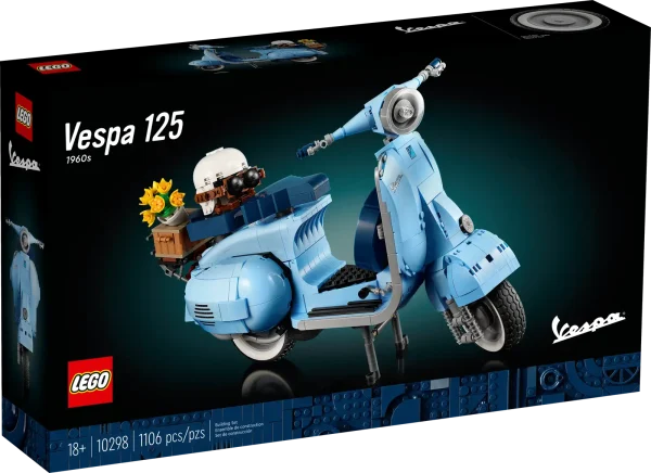 Dive into a mindful building project packed with style with this LEGO® Vespa 125 model kit for adults. Inspired by the classic 1960s Vespa Piaggio, it comes in pastel blue – a very rare LEGO color that’s sure to appeal to building fans. To celebrate Vespa’s 75th anniversary, the LEGO designers have worked closely with the lifestyle brand to recreate this stunning model in an immersive build, especially for adults. Beautiful details. Authentic features Like the original, this buildable model Vespa features a front wheel mounted on one side, 2 seats, a removable engine cover with a brick-built engine beneath, a functioning kickstand, plus working steering. Finishing touches include the Vespa logo, a classic 1960s Italian license plate, a spare wheel, a helmet, plus an accessories basket including a flower bouquet on the back. Welcome to your zone Build creativity. Build concentration. Build your dream vehicle collection with exclusive, authentic model vehicles, made specifically for adults. Assemble your own LEGO® Vespa 125 – Build a detailed displayable model of an Italian icon with this building set (10298) for adults Inspired by the original – This brick-built Vespa features a front wheel mounted on one side, 2 seats, a removable engine cover with a brick-built engine underneath, and working steering Extra details – Finishing touches include the Vespa logo, a classic 1960s Italian license plate, a spare wheel, helmet and an accessories basket with flower bouquet Designed for Vespa fans – To celebrate Vespa’s 75th anniversary, the LEGO® designers have worked with the lifestyle brand to create a model to appeal to lovers of Italian culture A rare color – Presented in pastel blue, one of the Vespa’s original production colors and an extremely rare LEGO® color designed to appeal to LEGO fans Celebrate La Dolce Vita – With its functioning kickstand, this model can be placed on display in the home or office to create your own tribute to Vespa Dimensions – This collectible display model measures over over 8.5 in. (22 cm) high, 13.5 in. (35 cm) long and 4.5 in. (12 cm) wide A project for adults – This LEGO® set is part of a range of building sets designed for adult building fans and makes a gift idea for Vespa fans Quality materials – LEGO® building bricks are manufactured from high-quality materials. They’re consistent, compatible and connect and pull apart easily every time: it’s been that way since 1958 Safety ensured – With LEGO® pieces, safety and quality come first. That’s why they’re rigorously tested so you can be sure that this Vespa model kit is robust