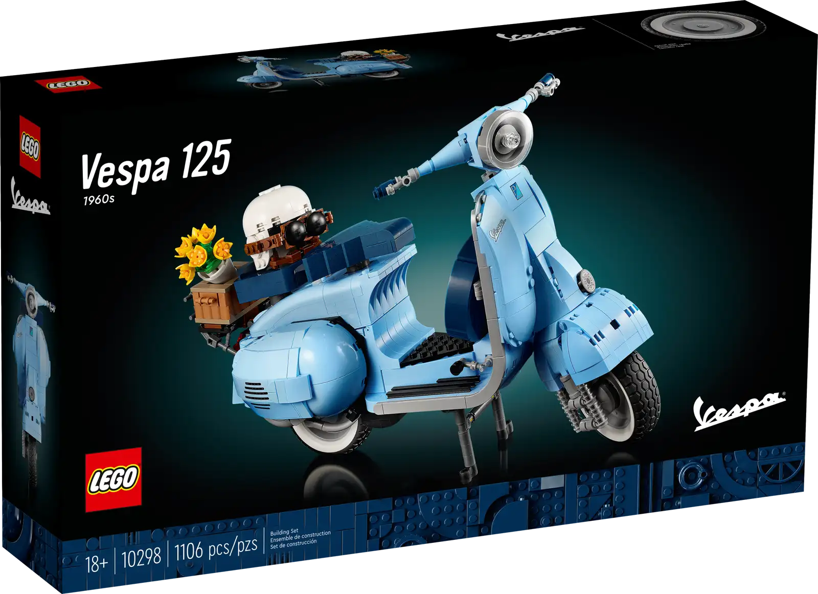 Dive into a mindful building project packed with style with this LEGO® Vespa 125 model kit for adults. Inspired by the classic 1960s Vespa Piaggio, it comes in pastel blue – a very rare LEGO color that’s sure to appeal to building fans. To celebrate Vespa’s 75th anniversary, the LEGO designers have worked closely with the lifestyle brand to recreate this stunning model in an immersive build, especially for adults. Beautiful details. Authentic features Like the original, this buildable model Vespa features a front wheel mounted on one side, 2 seats, a removable engine cover with a brick-built engine beneath, a functioning kickstand, plus working steering. Finishing touches include the Vespa logo, a classic 1960s Italian license plate, a spare wheel, a helmet, plus an accessories basket including a flower bouquet on the back. Welcome to your zone Build creativity. Build concentration. Build your dream vehicle collection with exclusive, authentic model vehicles, made specifically for adults. Assemble your own LEGO® Vespa 125 – Build a detailed displayable model of an Italian icon with this building set (10298) for adults Inspired by the original – This brick-built Vespa features a front wheel mounted on one side, 2 seats, a removable engine cover with a brick-built engine underneath, and working steering Extra details – Finishing touches include the Vespa logo, a classic 1960s Italian license plate, a spare wheel, helmet and an accessories basket with flower bouquet Designed for Vespa fans – To celebrate Vespa’s 75th anniversary, the LEGO® designers have worked with the lifestyle brand to create a model to appeal to lovers of Italian culture A rare color – Presented in pastel blue, one of the Vespa’s original production colors and an extremely rare LEGO® color designed to appeal to LEGO fans Celebrate La Dolce Vita – With its functioning kickstand, this model can be placed on display in the home or office to create your own tribute to Vespa Dimensions – This collectible display model measures over over 8.5 in. (22 cm) high, 13.5 in. (35 cm) long and 4.5 in. (12 cm) wide A project for adults – This LEGO® set is part of a range of building sets designed for adult building fans and makes a gift idea for Vespa fans Quality materials – LEGO® building bricks are manufactured from high-quality materials. They’re consistent, compatible and connect and pull apart easily every time: it’s been that way since 1958 Safety ensured – With LEGO® pieces, safety and quality come first. That’s why they’re rigorously tested so you can be sure that this Vespa model kit is robust