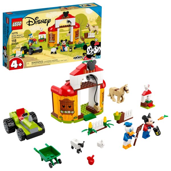 Support kids’ passions with this LEGO® ǀ Disney Mickey and Friends Mickey Mouse & Donald Duck’s Farm (10775) set, packed with developmental activities to boost concentration, problem-solving skills and encourage resilience. The set features a barn, tractor and animals (including a minifigure-ridable horse and 1st ever LEGO System sheep). Made for play This LEGO 4+ buildable farm toy contains 2 Starter Brick elements to kick-start construction and ensure children have a good build-and-play experience. Each bag of bricks contains a complete model that kids can build quickly to get the play started fast! Creative family fun 4+ sets are the perfect way for adults to share the building fun with kids. This set comes with simple picture instructions – perfect for kids just learning to read. It also has Instructions PLUS, available on the free LEGO Building Instructions app, where children can clearly see the building process and save their progress to jump back into the build any time. The immersive LEGO® ǀ Disney Mickey Mouse & Donald Duck’s Farm (10775) set offers youngsters a fun set packed with nurturing role-play and building skills growth as they take care of all the animals. A perfect gift for kids aged 4+ who want to set trends at the playground! Surprise a child with this creative present that teaches construction skills, encourages imagination and entertains for hours. Loads of details for extended play. The set has a barn and tractor with Starter Brick elements, to help get the building going so there’s more time for fun, plus 2 minifigures and 4 animal figures! This LEGO® ǀ Disney set is full of functions and accessories, including a winch function on the barn and a buildable chicken coop toy, plus tools, fruits and vegetables and an egg for role-play fun. The substantial set includes a barn measuring over 5 in. (13 cm) high and 4.5 in. (12 cm) wide. Because it’s compatible with other LEGO® bricks, it can be added to as kids’ building skills grow. Give young builders a great experience with simple picture instructions, meaning no barrier to building even for kids just learning to read, plus zoom and save modes in digital Instructions PLUS! 4+ sets provide a fun way for youngsters to learn to build, while growing their confidence with easy building steps. They let kids and grown-ups discover the joy of building and playing together. LEGO® components meet strict industry quality standards to ensure they are easy for little fingers to pick up and build with, time and time again – it’s been that way since 1958. LEGO® bricks and pieces are tested in almost every way imaginable to make sure they meet stringent safety standards.