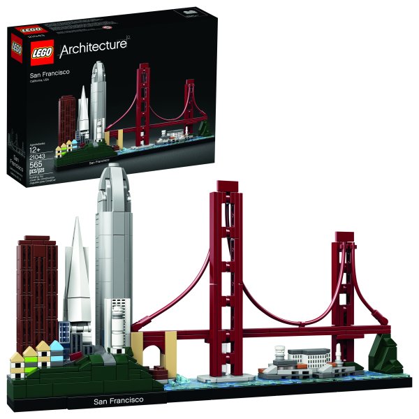 Recreate the magnificence of San Francisco’s architecture with this awesome 21043 LEGO® Architecture Skyline Collection model. This LEGO brick collectible features iconic San Francisco attractions and landmarks, including the city’s famous “painted ladies” buildings, 555 California Street, the Transamerica Pyramid, Salesforce Tower, Coit Tower, Fort Point, Golden Gate Bridge and Alcatraz Island. A blue-tiled baseplate representing the Golden Gate strait and a San Francisco nameplate add the finishing touch to this amazing model. LEGO Architecture Skyline Collection models are perfect for display in the home or office and have been developed for all with an interest in travel, architectural culture, history and design. Each skyline building set is scaled to give an accurate representation of the comparative size of the featured structures, with realistic color depiction. LEGO® Architecture interpretation of San Francisco. Features iconic San Francisco sights and famous landmarks, including the city’s famous “painted ladies” buildings, 555 California Street, the Transamerica Pyramid, Salesforce Tower, Coit Tower, Fort Point, Golden Gate Bridge and Alcatraz Island. Also features a blue-tiled baseplate depicting the Golden Gate strait. The included booklet contains information about the designer, architecture and history of each attraction, as well as historical facts about San Francisco and its architectural heritage. (English language only. Other languages available for download at LEGO.com/architecture.) Includes a 4x34 tiled base with a decorative San Francisco nameplate. Recreate the world's most vibrant cities with the LEGO® Architecture Skyline Collection. LEGO® Architecture sets celebrate the world of architecture through the medium of the LEGO brick, and are developed for all with an interest in travel, design, architecture and history. This set includes over 565 pieces. Measures over 6” (16cm) high, 11” (28cm) wide and 2” (7cm) deep.