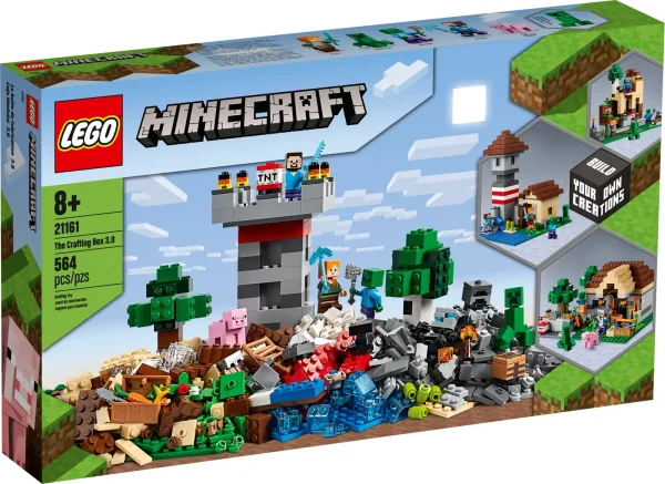 LEGO® Minecraft™ The Crafting Box 3.0 (21161) brings the fun excitement of Minecraft into the real world with a diverse set of LEGO construction bricks and pieces. Cool kids’ building toy for Minecraft players The Crafting Box set is bursting with Minecraft ideas and inspiration. With popular characters from the game – Steve, Alex, a Creeper™, a pig and a zombie – and a host of fun features – from a TNT launcher to a Creeper confrontation – this toy playset brings Minecraft adventures to life! Interactive instructions Instructions PLUS is an interactive guide for smart devices within the free LEGO Building Instructions app. Zoom and rotate viewing tools help youngsters have fun as they build the castle and farm on their own. Alternative builds are available online. Minecraft games come to life with LEGO bricks and figures LEGO Minecraft sets put open-ended creative play into kids' hands. This cool collection of Minecraft construction toys takes players to a new dimension of imaginative play! Bring Minecraft™ players’ creative adventures into the real world with The Crafting Box 3.0 (21161). It’s bursting with LEGO® Minecraft construction bricks and familiar figures to inspire endless imaginative play! This Minecraft™ construction toy includes 564 bricks and pieces, plus popular characters from the game – Steve, Alex, Creeper™, pig and zombie – and a host of fun features, from a TNT launcher to a Creeper confrontation. The set includes everything kids need to play out imaginative Minecraft™ adventures in a cool castle, a busy farm and awesome environments of their own as they explore new ways to play their favorite game. LEGO® Minecraft™ The Crafting Box 3.0 makes a great gift or birthday present for players aged 8 and up. Whether playing solo or in a group, this construction toy gives kids endless hands-on Minecraft fun. With the castle measuring over 7” (18cm) high, 10” (27cm) wide and 10” (26cm) deep, and the farm measuring over 6” (16cm) high, 10” (26cm) wide and 10” (26cm) deep, this playset provides Minecraft™ fun on an epic scale. This build-and-play Minecraft™ construction toy is battery-free. The fun is fueled by kids’ imaginations – so the fun never stops. Printed instructions are great but digital Instructions PLUS is AWESOME! With the LEGO® Building Instructions app, even young builders can zoom, rotate and visualize their model as they create their own Minecraft™ world. LEGO® Minecraft™ kits combine the online excitement of Minecraft with hands-on building. With detailed models, elements and characters, plus lots of fun features, these sets give players a new dimension of Minecraft fun. LEGO® building sets meet the highest industry standards, which means they are consistent, compatible and connect and pull apart perfectly every time, and it's been that way since 1958. LEGO® bricks and pieces are dropped, heated, crushed, twisted and analyzed to make sure your child's building set meets the highest safety and quality standards in the world.