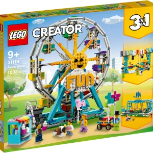 Kids can enjoy a fun-filled day out at the fairground with this brilliantly detailed LEGO® Creator 3in1 Ferris Wheel (31119). This toy construction set features a rotating Ferris Wheel with 8 gondolas, a ticket booth, a balloon cart with balloon animals, 5 minifigures and a brick-built dog. Awesome toys fuel kids’ passions The fun never stops as kids can build 3 different fairground rides with this supercool LEGO Creator 3in1 set. They can assemble the Ferris Wheel, rebuild it into a bumper car playset, transform it into a swing boat ride, or use the bricks to create something completely new. Cool toys for creative play LEGO Creator 3in1 sets let kids explore their creative side with 3 models to build in every box! The play possibilities never end because each model can be rebuilt into something new as often as kids want. Choose from an amazing range of 3in1 sets, including cars, animals and space rockets. The LEGO® Creator 3in1 Ferris Wheel (31119) amusement park toy set jump-starts kids’ creativity with 3 models in 1 – a Ferris Wheel, bumper car ride and swing boat ride. This LEGO® set includes 5 minifigures – mom, dad, kid, and 2 fairground workers to further enhance youngsters’ exciting days out at the amusement park. The rotating Ferris Wheel features 8 gondolas for the minifigures to ride inside, a ticket booth, a balloon cart with balloon animals and a brick-built dog. The bumper car ride features 3 cars and a ticket booth with an announcer microphone, while the swing boat ride comes with a claw machine and a gumball machine. This 1,002-piece LEGO® Creator 3in1 toy set offers a wonderful bonding experience when kids aged 9 and up assemble it with a parent or caregiver. Standing over 10.5 in. (27 cm) high, 6 in. (16 cm) deep and 10.5 in. (26 cm) wide, the Ferris Wheel is guaranteed to impress when on display in a kid’s bedroom in between playtimes. Look out for othergreat new-for-2021 LEGO® Creator 3in1 sets including Space Shuttle Adventure (31117) and Medieval Castle (31120). LEGO® Creator 3in1 sets let kids enjoy amazing role play as they plot fast-moving stories around the 3 different models in every box. Since 1958 LEGO® building bricks have been made from high-quality materials to ensure they consistently connect and pull apart every time. LEGO® building bricks meet stringent global safety standards.