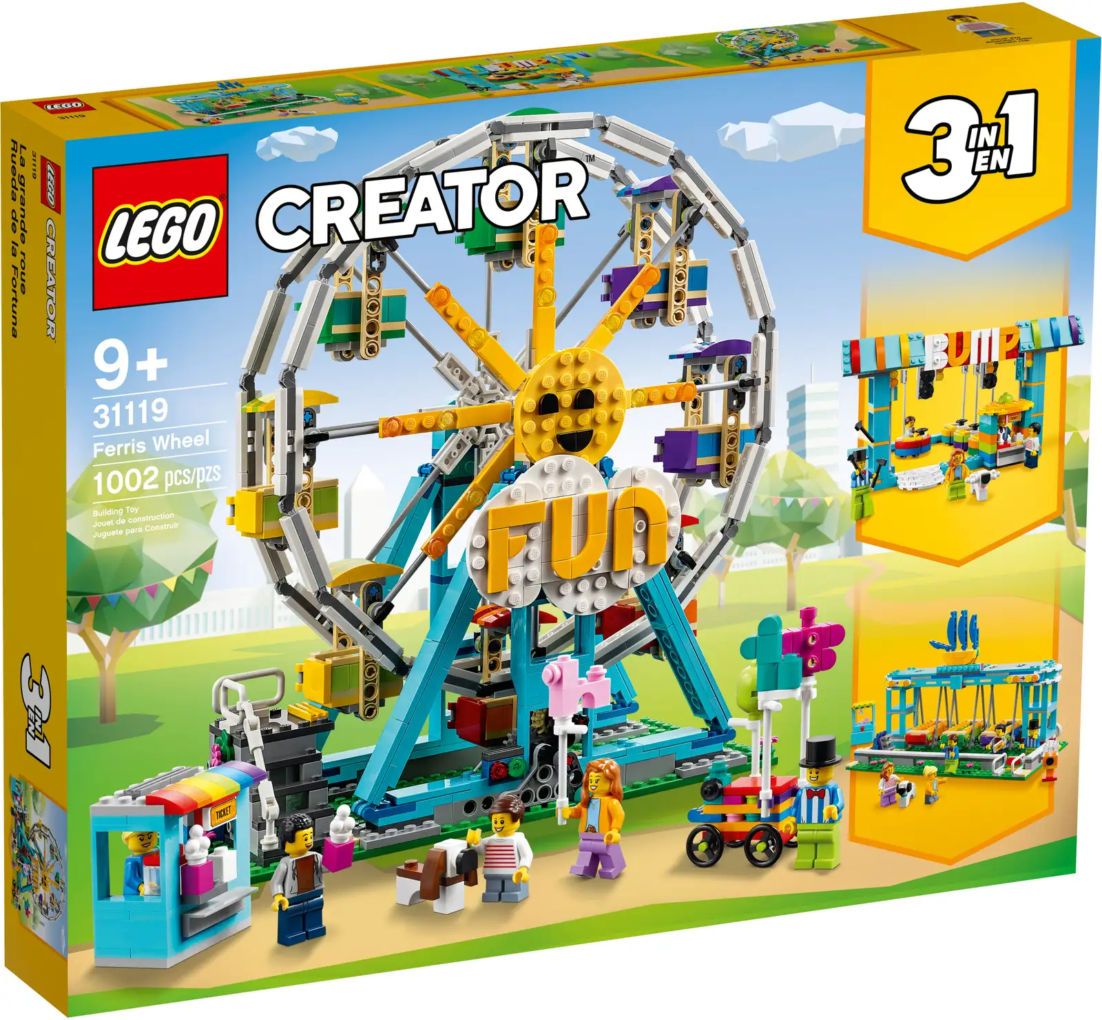 Kids can enjoy a fun-filled day out at the fairground with this brilliantly detailed LEGO® Creator 3in1 Ferris Wheel (31119). This toy construction set features a rotating Ferris Wheel with 8 gondolas, a ticket booth, a balloon cart with balloon animals, 5 minifigures and a brick-built dog. Awesome toys fuel kids’ passions The fun never stops as kids can build 3 different fairground rides with this supercool LEGO Creator 3in1 set. They can assemble the Ferris Wheel, rebuild it into a bumper car playset, transform it into a swing boat ride, or use the bricks to create something completely new. Cool toys for creative play LEGO Creator 3in1 sets let kids explore their creative side with 3 models to build in every box! The play possibilities never end because each model can be rebuilt into something new as often as kids want. Choose from an amazing range of 3in1 sets, including cars, animals and space rockets. The LEGO® Creator 3in1 Ferris Wheel (31119) amusement park toy set jump-starts kids’ creativity with 3 models in 1 – a Ferris Wheel, bumper car ride and swing boat ride. This LEGO® set includes 5 minifigures – mom, dad, kid, and 2 fairground workers to further enhance youngsters’ exciting days out at the amusement park. The rotating Ferris Wheel features 8 gondolas for the minifigures to ride inside, a ticket booth, a balloon cart with balloon animals and a brick-built dog. The bumper car ride features 3 cars and a ticket booth with an announcer microphone, while the swing boat ride comes with a claw machine and a gumball machine. This 1,002-piece LEGO® Creator 3in1 toy set offers a wonderful bonding experience when kids aged 9 and up assemble it with a parent or caregiver. Standing over 10.5 in. (27 cm) high, 6 in. (16 cm) deep and 10.5 in. (26 cm) wide, the Ferris Wheel is guaranteed to impress when on display in a kid’s bedroom in between playtimes. Look out for othergreat new-for-2021 LEGO® Creator 3in1 sets including Space Shuttle Adventure (31117) and Medieval Castle (31120). LEGO® Creator 3in1 sets let kids enjoy amazing role play as they plot fast-moving stories around the 3 different models in every box. Since 1958 LEGO® building bricks have been made from high-quality materials to ensure they consistently connect and pull apart every time. LEGO® building bricks meet stringent global safety standards.