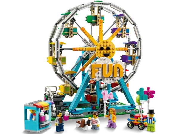 Kids can enjoy a fun-filled day out at the fairground with this brilliantly detailed LEGO® Creator 3in1 Ferris Wheel (31119). This toy construction set features a rotating Ferris Wheel with 8 gondolas, a ticket booth, a balloon cart with balloon animals, 5 minifigures and a brick-built dog. Awesome toys fuel kids’ passions The fun never stops as kids can build 3 different fairground rides with this supercool LEGO Creator 3in1 set. They can assemble the Ferris Wheel, rebuild it into a bumper car playset, transform it into a swing boat ride, or use the bricks to create something completely new. Cool toys for creative play LEGO Creator 3in1 sets let kids explore their creative side with 3 models to build in every box! The play possibilities never end because each model can be rebuilt into something new as often as kids want. Choose from an amazing range of 3in1 sets, including cars, animals and space rockets. The LEGO® Creator 3in1 Ferris Wheel (31119) amusement park toy set jump-starts kids’ creativity with 3 models in 1 – a Ferris Wheel, bumper car ride and swing boat ride. This LEGO® set includes 5 minifigures – mom, dad, kid, and 2 fairground workers to further enhance youngsters’ exciting days out at the amusement park. The rotating Ferris Wheel features 8 gondolas for the minifigures to ride inside, a ticket booth, a balloon cart with balloon animals and a brick-built dog. The bumper car ride features 3 cars and a ticket booth with an announcer microphone, while the swing boat ride comes with a claw machine and a gumball machine. This 1,002-piece LEGO® Creator 3in1 toy set offers a wonderful bonding experience when kids aged 9 and up assemble it with a parent or caregiver. Standing over 10.5 in. (27 cm) high, 6 in. (16 cm) deep and 10.5 in. (26 cm) wide, the Ferris Wheel is guaranteed to impress when on display in a kid’s bedroom in between playtimes. Look out for othergreat new-for-2021 LEGO® Creator 3in1 sets including Space Shuttle Adventure (31117) and Medieval Castle (31120). LEGO® Creator 3in1 sets let kids enjoy amazing role play as they plot fast-moving stories around the 3 different models in every box. Since 1958 LEGO® building bricks have been made from high-quality materials to ensure they consistently connect and pull apart every time. LEGO® building bricks meet stringent global safety standards.