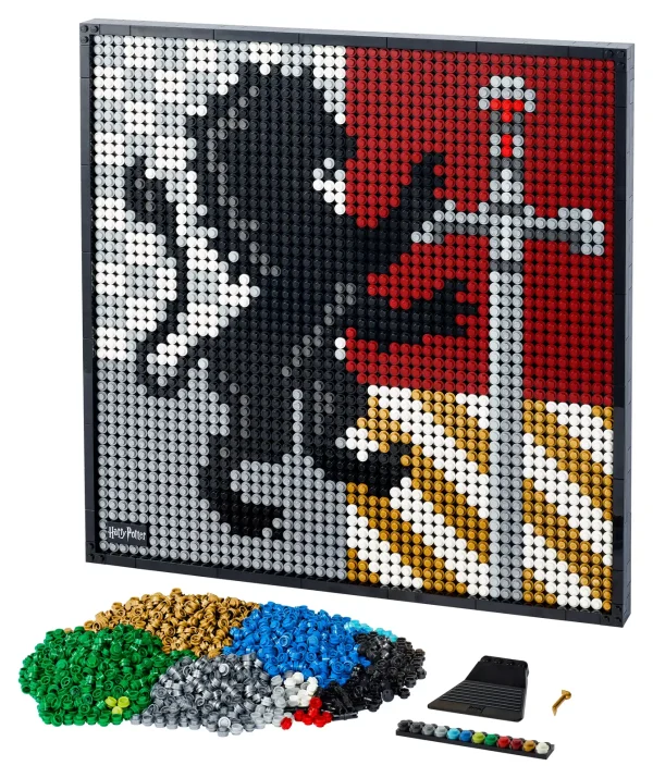 Harry Potter™ fans seeking a project to reflect their passion can build 1 of 4 crests with this LEGO® Art Harry Potter Hogwarts™ Crests (31201) wall art set and enjoy a relaxing escape into an iconic world. Stress reliever Build a tile mosaic picture of the Hogwarts crest of your choice – Gryffindor™, Slytherin™, Hufflepuff™ or Ravenclaw™ – with this 4,249-piece wall art set. As you build, listen to the included Soundtrack and learn more about the houses and the world of Harry Potter. Readyfor a change? Rebuild it into a new crest or collect all 4 sets to create the ultimate Hogwarts crest. Creative hobbies for adults You don’t have to be an artist or LEGO collector to appreciate the beauty and creativity of this set. Once it’s complete, you can display it with pride in your home or office. This LEGO Art set is part of a collection of building kits focused on art, music, design and architecture, which make great gifts for any adult (including yourself) seeking a new hobby or project. Reflect your love of all things Hogwarts™ with this stunning LEGO® Art Harry Potter™ Hogwarts Crests (31201) set, which lets you build and display 1 of 4 detailed house crests. Escape the daily grind with this LEGO® set, featuring 4,249 pieces, including 9 canvas wall decor plates, exclusive Harry Potter™ logo tile, brick-built frame, unique hanging element and tile tool. This set immerses you in your passion for both arts and crafts and the Harry Potter™ series while you relax and recharge. With the included Soundtrack, you learn more about the houses as you build. Celebrate your love of magic and adventure by building and displaying this unique mosaic wall art. To extend the stress relief, combine 4 of the sets to create the ultimate Hogwarts™ crest. This piece measures over 15.5 in. (40 cm) square, has 4 building options and makes a relaxing activity for you or any other Harry Potter™ enthusiasts in your life who also love DIY art projects. The coffee-table-qualityinstructions guide you through the project and offer a stress-relieving road map through the art, along with some creative LEGO® relaxation. Perfect for adults to display on a wall or shelf, LEGO® Art kits offer you a rewarding building experience while you explore your passion for creative arts and crafts. LEGO® components meet stringent industry standards to ensure they are consistent, compatible and connect and pull apart reliably every time – it's been that way since 1958. LEGO® components are dropped, squashed, twisted, heated, bent, scratched and stretched to make sure this Hogwarts™ Crests wall decor piece meets stringent global safety standards.