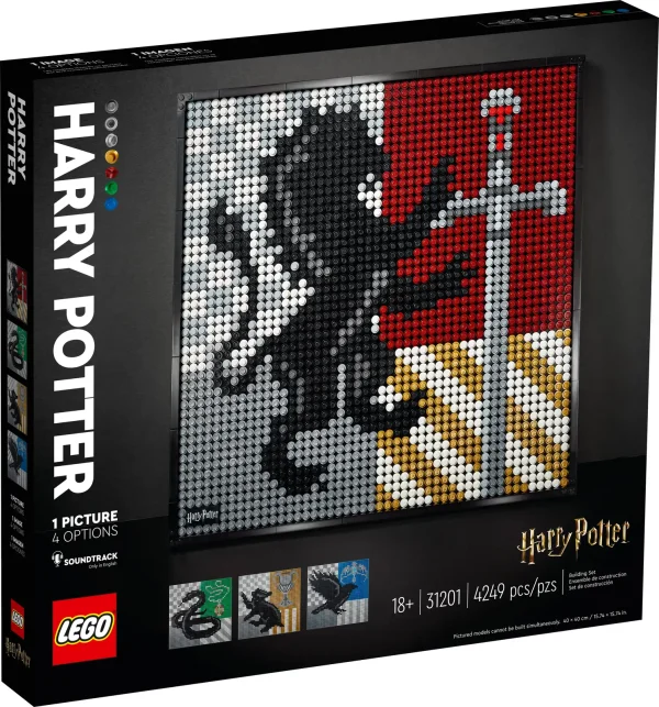 Harry Potter™ fans seeking a project to reflect their passion can build 1 of 4 crests with this LEGO® Art Harry Potter Hogwarts™ Crests (31201) wall art set and enjoy a relaxing escape into an iconic world. Stress reliever Build a tile mosaic picture of the Hogwarts crest of your choice – Gryffindor™, Slytherin™, Hufflepuff™ or Ravenclaw™ – with this 4,249-piece wall art set. As you build, listen to the included Soundtrack and learn more about the houses and the world of Harry Potter. Readyfor a change? Rebuild it into a new crest or collect all 4 sets to create the ultimate Hogwarts crest. Creative hobbies for adults You don’t have to be an artist or LEGO collector to appreciate the beauty and creativity of this set. Once it’s complete, you can display it with pride in your home or office. This LEGO Art set is part of a collection of building kits focused on art, music, design and architecture, which make great gifts for any adult (including yourself) seeking a new hobby or project. Reflect your love of all things Hogwarts™ with this stunning LEGO® Art Harry Potter™ Hogwarts Crests (31201) set, which lets you build and display 1 of 4 detailed house crests. Escape the daily grind with this LEGO® set, featuring 4,249 pieces, including 9 canvas wall decor plates, exclusive Harry Potter™ logo tile, brick-built frame, unique hanging element and tile tool. This set immerses you in your passion for both arts and crafts and the Harry Potter™ series while you relax and recharge. With the included Soundtrack, you learn more about the houses as you build. Celebrate your love of magic and adventure by building and displaying this unique mosaic wall art. To extend the stress relief, combine 4 of the sets to create the ultimate Hogwarts™ crest. This piece measures over 15.5 in. (40 cm) square, has 4 building options and makes a relaxing activity for you or any other Harry Potter™ enthusiasts in your life who also love DIY art projects. The coffee-table-qualityinstructions guide you through the project and offer a stress-relieving road map through the art, along with some creative LEGO® relaxation. Perfect for adults to display on a wall or shelf, LEGO® Art kits offer you a rewarding building experience while you explore your passion for creative arts and crafts. LEGO® components meet stringent industry standards to ensure they are consistent, compatible and connect and pull apart reliably every time – it's been that way since 1958. LEGO® components are dropped, squashed, twisted, heated, bent, scratched and stretched to make sure this Hogwarts™ Crests wall decor piece meets stringent global safety standards.