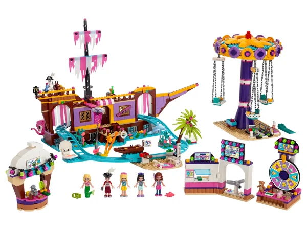 Roll up for the fun of the fair with LEGO® Friends 41375 Heartlake City Amusement Pier. This amusement park toy set allows your little builder to immerse themselves in the excitement of a theme park experience. It includes a ticket kiosk and turnstiles where the friends can enter and exit. There's a spin-the-wheel stall where fairgoers can try to win treats. The carousel ride features 3 chairs, which fly round in a blur thanks to a spinning, twisting function. The star attraction, however, is the pirate ghost ship where your young Friends fan can enjoy chills and thrills as they whizz round the pirate shipwreck. As the car travels through the amusement park ride’s spooky textile foils, it plunges into a world of bats, skeletons and scorpions. This building toy for kids includes 5 mini-dolls, plus 2 animal figures and 2 skeleton figures for hours of imaginative play. Amusement park toy set includes 5 mini-doll figures: Olivia, Emma, Stephanie, Zack and Chloe, plus a dolphin, bird and 2 skeleton figures. Features a ticket kiosk, snack stall, spin-the-wheel game, swing chair carousel, and a pirate ghost ship ride. Pirate ghost ship features a height ruler, entrance barrier, boat-shaped car and a roller coaster track through lots of spooky scenes. Amusement park set's accessory elements include popcorn, ice cream, waffle, entrance ticket, money, cell phone, handbag, cookie, cupcakes, pizza and a teddy bear. Pirate ghost ship ride accessory elements include new-for-2019 foil curtains and sails, ship’s wheel, golden cup and bottle, lanterns, swords, treasure chest, gem elements, cooking pot, fishing rod, giant clam, octopus and jellyfish, gold coins, spider, scorpion, bat, sea creature elements, camera, light brick, coral element and an anchor. This product requires 2 x LR 41 1.5 V batteries, which are included. Kids can spin the wheel and win a prize. Clever features, such as the height-measuring bar, give the set a realistic feel and allow for immersive play. With the fair as a backdrop, your child can explore social situations and imagine what it’s like to meet up with friends and hang out, prizes in hand. Youngsters will enjoy the spooky thrills of the ghost ship and its skeleton crew. Multiple elements provide countless different play scenarios. Combine with 41373 Funny Octopus Ride and 41337 Underwater Loop to extend the funfair play. LEGO® Friends playsets encourage imaginative play, and make building creative and fun. Makes an ideal Christmas gift or gift for the holiday season for creative kids. This set is part of the LEGO® Friends world of everyday heroes and exciting real-world scenarios. Pirate ghost ship measures over 11” (30cm) high, 6” (17cm) wide and 15” (40cm) deep. Carousel measures over 10” (26cm) high, 7” (18cm) wide and 7” (18cm) deep. Includes LEGO® Light Brick.