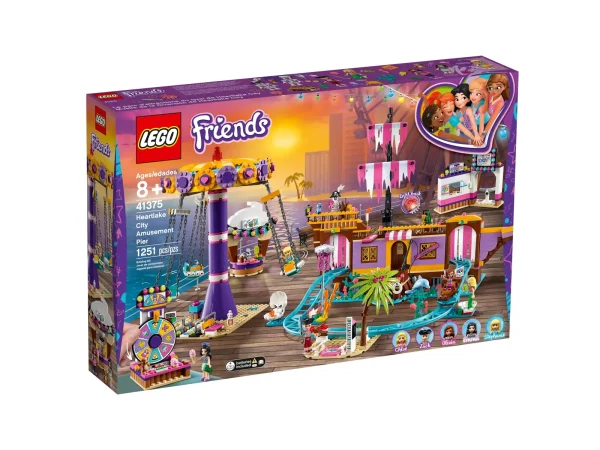 Roll up for the fun of the fair with LEGO® Friends 41375 Heartlake City Amusement Pier. This amusement park toy set allows your little builder to immerse themselves in the excitement of a theme park experience. It includes a ticket kiosk and turnstiles where the friends can enter and exit. There's a spin-the-wheel stall where fairgoers can try to win treats. The carousel ride features 3 chairs, which fly round in a blur thanks to a spinning, twisting function. The star attraction, however, is the pirate ghost ship where your young Friends fan can enjoy chills and thrills as they whizz round the pirate shipwreck. As the car travels through the amusement park ride’s spooky textile foils, it plunges into a world of bats, skeletons and scorpions. This building toy for kids includes 5 mini-dolls, plus 2 animal figures and 2 skeleton figures for hours of imaginative play. Amusement park toy set includes 5 mini-doll figures: Olivia, Emma, Stephanie, Zack and Chloe, plus a dolphin, bird and 2 skeleton figures. Features a ticket kiosk, snack stall, spin-the-wheel game, swing chair carousel, and a pirate ghost ship ride. Pirate ghost ship features a height ruler, entrance barrier, boat-shaped car and a roller coaster track through lots of spooky scenes. Amusement park set's accessory elements include popcorn, ice cream, waffle, entrance ticket, money, cell phone, handbag, cookie, cupcakes, pizza and a teddy bear. Pirate ghost ship ride accessory elements include new-for-2019 foil curtains and sails, ship’s wheel, golden cup and bottle, lanterns, swords, treasure chest, gem elements, cooking pot, fishing rod, giant clam, octopus and jellyfish, gold coins, spider, scorpion, bat, sea creature elements, camera, light brick, coral element and an anchor. This product requires 2 x LR 41 1.5 V batteries, which are included. Kids can spin the wheel and win a prize. Clever features, such as the height-measuring bar, give the set a realistic feel and allow for immersive play. With the fair as a backdrop, your child can explore social situations and imagine what it’s like to meet up with friends and hang out, prizes in hand. Youngsters will enjoy the spooky thrills of the ghost ship and its skeleton crew. Multiple elements provide countless different play scenarios. Combine with 41373 Funny Octopus Ride and 41337 Underwater Loop to extend the funfair play. LEGO® Friends playsets encourage imaginative play, and make building creative and fun. Makes an ideal Christmas gift or gift for the holiday season for creative kids. This set is part of the LEGO® Friends world of everyday heroes and exciting real-world scenarios. Pirate ghost ship measures over 11” (30cm) high, 6” (17cm) wide and 15” (40cm) deep. Carousel measures over 10” (26cm) high, 7” (18cm) wide and 7” (18cm) deep. Includes LEGO® Light Brick.