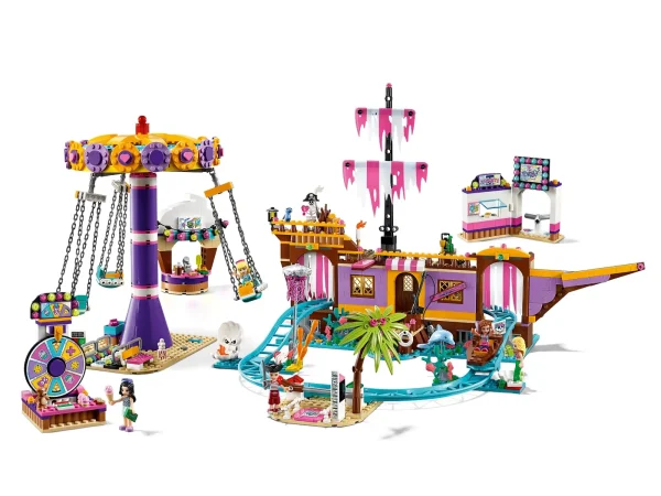 Roll up for the fun of the fair with LEGO® Friends 41375 Heartlake City Amusement Pier. This amusement park toy set allows your little builder to immerse themselves in the excitement of a theme park experience. It includes a ticket kiosk and turnstiles where the friends can enter and exit. There's a spin-the-wheel stall where fairgoers can try to win treats. The carousel ride features 3 chairs, which fly round in a blur thanks to a spinning, twisting function. The star attraction, however, is the pirate ghost ship where your young Friends fan can enjoy chills and thrills as they whizz round the pirate shipwreck. As the car travels through the amusement park ride’s spooky textile foils, it plunges into a world of bats, skeletons and scorpions. This building toy for kids includes 5 mini-dolls, plus 2 animal figures and 2 skeleton figures for hours of imaginative play. Amusement park toy set includes 5 mini-doll figures: Olivia, Emma, Stephanie, Zack and Chloe, plus a dolphin, bird and 2 skeleton figures. Features a ticket kiosk, snack stall, spin-the-wheel game, swing chair carousel, and a pirate ghost ship ride. Pirate ghost ship features a height ruler, entrance barrier, boat-shaped car and a roller coaster track through lots of spooky scenes. Amusement park set's accessory elements include popcorn, ice cream, waffle, entrance ticket, money, cell phone, handbag, cookie, cupcakes, pizza and a teddy bear. Pirate ghost ship ride accessory elements include new-for-2019 foil curtains and sails, ship’s wheel, golden cup and bottle, lanterns, swords, treasure chest, gem elements, cooking pot, fishing rod, giant clam, octopus and jellyfish, gold coins, spider, scorpion, bat, sea creature elements, camera, light brick, coral element and an anchor. This product requires 2 x LR 41 1.5 V batteries, which are included. Kids can spin the wheel and win a prize. Clever features, such as the height-measuring bar, give the set a realistic feel and allow for immersive play. With the fair as a backdrop, your child can explore social situations and imagine what it’s like to meet up with friends and hang out, prizes in hand. Youngsters will enjoy the spooky thrills of the ghost ship and its skeleton crew. Multiple elements provide countless different play scenarios. Combine with 41373 Funny Octopus Ride and 41337 Underwater Loop to extend the funfair play. LEGO® Friends playsets encourage imaginative play, and make building creative and fun. Makes an ideal Christmas gift or gift for the holiday season for creative kids. This set is part of the LEGO® Friends world of everyday heroes and exciting real-world scenarios. Pirate ghost ship measures over 11” (30cm) high, 6” (17cm) wide and 15” (40cm) deep. Carousel measures over 10” (26cm) high, 7” (18cm) wide and 7” (18cm) deep. Includes LEGO® Light Brick.