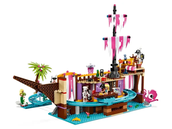 Roll up for the fun of the fair with LEGO® Friends 41375 Heartlake City Amusement Pier. This amusement park toy set allows your little builder to immerse themselves in the excitement of a theme park experience. It includes a ticket kiosk and turnstiles where the friends can enter and exit. There's a spin-the-wheel stall where fairgoers can try to win treats. The carousel ride features 3 chairs, which fly round in a blur thanks to a spinning, twisting function. The star attraction, however, is the pirate ghost ship where your young Friends fan can enjoy chills and thrills as they whizz round the pirate shipwreck. As the car travels through the amusement park ride’s spooky textile foils, it plunges into a world of bats, skeletons and scorpions. This building toy for kids includes 5 mini-dolls, plus 2 animal figures and 2 skeleton figures for hours of imaginative play. Amusement park toy set includes 5 mini-doll figures: Olivia, Emma, Stephanie, Zack and Chloe, plus a dolphin, bird and 2 skeleton figures. Features a ticket kiosk, snack stall, spin-the-wheel game, swing chair carousel, and a pirate ghost ship ride. Pirate ghost ship features a height ruler, entrance barrier, boat-shaped car and a roller coaster track through lots of spooky scenes. Amusement park set's accessory elements include popcorn, ice cream, waffle, entrance ticket, money, cell phone, handbag, cookie, cupcakes, pizza and a teddy bear. Pirate ghost ship ride accessory elements include new-for-2019 foil curtains and sails, ship’s wheel, golden cup and bottle, lanterns, swords, treasure chest, gem elements, cooking pot, fishing rod, giant clam, octopus and jellyfish, gold coins, spider, scorpion, bat, sea creature elements, camera, light brick, coral element and an anchor. This product requires 2 x LR 41 1.5 V batteries, which are included. Kids can spin the wheel and win a prize. Clever features, such as the height-measuring bar, give the set a realistic feel and allow for immersive play. With the fair as a backdrop, your child can explore social situations and imagine what it’s like to meet up with friends and hang out, prizes in hand. Youngsters will enjoy the spooky thrills of the ghost ship and its skeleton crew. Multiple elements provide countless different play scenarios. Combine with 41373 Funny Octopus Ride and 41337 Underwater Loop to extend the funfair play. LEGO® Friends playsets encourage imaginative play, and make building creative and fun. Makes an ideal Christmas gift or gift for the holiday season for creative kids. This set is part of the LEGO® Friends world of everyday heroes and exciting real-world scenarios. Pirate ghost ship measures over 11” (30cm) high, 6” (17cm) wide and 15” (40cm) deep. Carousel measures over 10” (26cm) high, 7” (18cm) wide and 7” (18cm) deep. Includes LEGO® Light Brick.