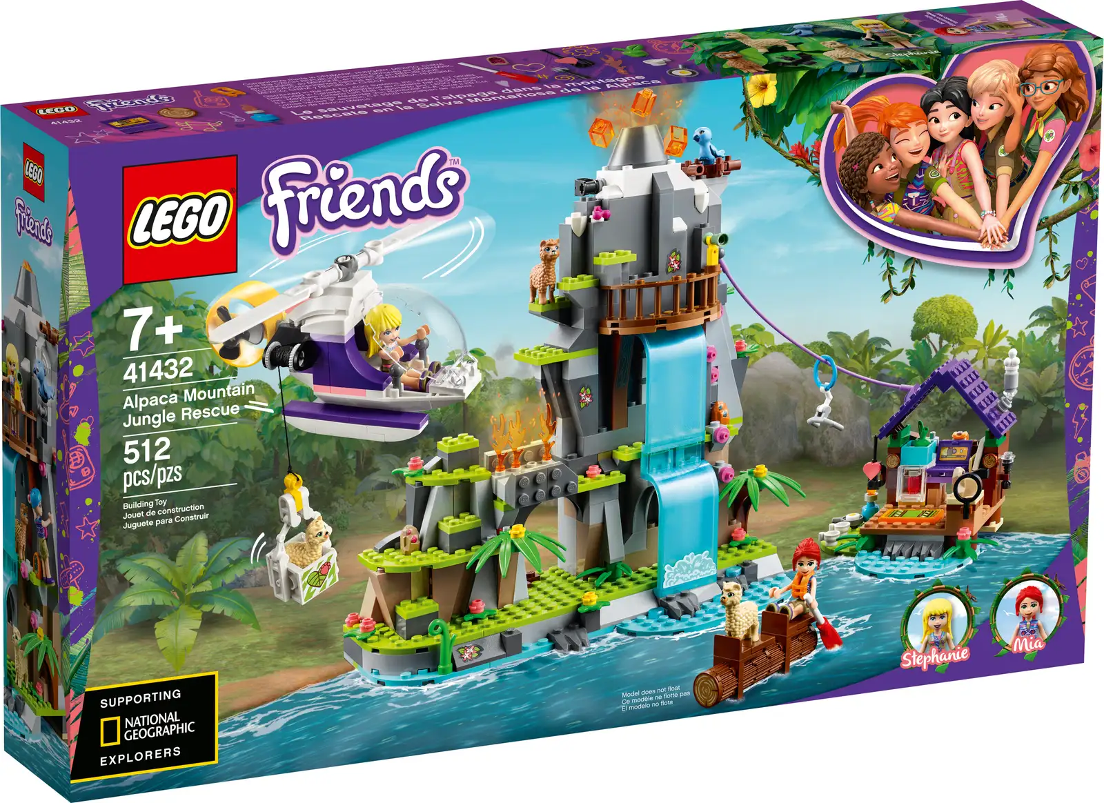 Do you know a kid who loves rescue adventure play? Help them get lost in hours of creative fun as they play out heroic scenes with the Alpaca Mountain Jungle Rescue (41432) volcano building kit. LEGO® Friends is proud to support the work of National Geographic Explorers. So many ways to play Kids can help the mini-dolls rescue the alpacas from the jungle's exploding volcano or explore the mountain caves and unearth natural treasures. If they prefer simply hanging out with friends, they can do that too in the toy cabin. It comes with cute food elements, animal rescue kit and research accessories, such as a toy walkie-talkie, flashlight and magnifying glass. Rescue action stations LEGO® Friends animal rescue playsets let youngsters enjoy the excitement of taking on a mission and saving the day! They'll also love this set's enhanced building experience. Download the LEGO Building Instructions app and they can access Instructions PLUS to view their creation in zoom, rotate and visualize modes! LEGO® Friends is proud to support the work of National Geographic Explorers, who use their creativity, curiosity and passion to protect endangered species in our jungles and help build a better world for all of us. Immerse children in exciting mountain adventures with this colorful and detailed brick-built exploding volcano building toy for kids who love action play, exploring nature and caring for animals. With Alpaca Mountain Jungle Rescue (41432), kids can play out exciting jungle stories with the help of LEGO® Friends Stephanie and Mia buildable mini-doll figures, 3 alpaca figures and cute bat and bird figures. Kids can pretend to climb the mountain, report the eruption and whizz down the zip line to the toy cabin. They can paddle the canoe or fly the rescue helicopter toy. When the jungle rescue's over, they can explore the caves. There are lots of ways to play with this 512-piece mountain adventure toy, making it a brilliant birthday present or holiday gift for boys and girls aged 7+ who love rescue adventure play and caring for animals. Measuring over 8” (22cm) high and 7” (20m) wide, this volcano toy makes a great display centerpiece. It’s compatible with all LEGO® sets, so kids can combine it with any other LEGO bricks for truly creative fun. This mountain playset needs no batteries. Instead, clever design brings the play to life – a button function shoots out lava elements and opalescent bricks help make the cascade's water look like it's actually falling. The action begins with the build! All LEGO® toys come with a clear guide, but this one also has Instructions PLUS on the LEGO Building Instructions app, where kids can view their creation in rotate, 3D and zoom modes! LEGO® awesome toys have met the highest industry standards, plus the LEGO Group's own rigorous quality criteria, which ensures that they connect perfectly and pull apart easily every time – it's been that way since 1958. LEGO® Friends bricks and build kits are tested to the max, which means this building toy for kids meets the highest global safety and quality standards – and might even withstand a volcanic eruption!