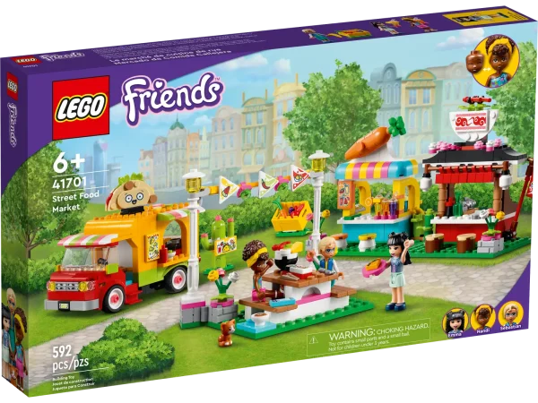 Let kids explore the foods of other cultures with LEGO® Friends Street Food Market (41701). Celebrating the trend for street food and the diversity of international cuisine, this set will delight LEGO Friends fans and foodie kids alike with its taco truck, juice bar, sushi and ramen stand and lots of pretend food accessories. Imaginative play that broadens horizons Each element features creative details. The taco truck has a hinged door for easy play access and is packed with cute details such as hot sauce and guacamole dip. There’s a blender in the juice bar for the LEGO Friends Emma mini-doll to whizz up smoothies, or kids can feed the kitten toy a cookie. Digital dimension Look for LEGO Building Instructions in your app store – a step-by-step building guide where kids can zoom, rotate and visualize models so everyone can feel like a master builder. This LEGO Friends gift for kids lets youngsters play out the real world in a place where everyone’s invited. Creative gift that celebrates world food – Young foodies will love to browse the international stalls of the LEGO® Friends Street Food Market (41701) set while they hang out with their BFFs Packed with fun features – This 592-piece food set comes with 3 mini-dolls, including LEGO® Friends Emma, a taco truck, juice bar, sushi stall, dining area, cactus sign and a kitten toy for kids Interactive play – Mini-dolls have interchangeable heads with differing expressions allowing kids to have fun acting out what they think of the food. The truck opens to allow easy-access play Packed with pretend food accessories – An egg-topped ramen bowl, sushi, chopsticks, fork, dipping bowls, fruit, chilies and guacamole dip help the food play come alive for kids On-trend birthday gift for kids aged 6+ – Perfect for boys and girls who like toys that reflect the latest trends. A fun birthday gift for little foodies who love hanging out with friends Anytime fun – With the taco truck measuring over 4 in. (11 cm) high and 6 in. (16 cm) long, this set is small enough to keep out on display for whenever kids are hungry for some LEGO® food play Building for the digital age – Comes with interactive Instructions PLUS, available on the free LEGO® Building Instructions app, where kids can digitally zoom, rotate and visualize toys as they build A place for everyone – Introduce kids to colorful LEGO® Friends sets, which let kids explore their passions and new cultures from the comfortof their bedrooms Works every time – Ever since 1958, LEGO® components have met stringent industry standards to ensure they are consistent, compatible and always connect and pull apart with ease Peace of mind at play –popular LEGO® toys are tested to the max to ensure they meet rigorous safety standards