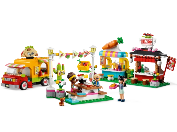 Let kids explore the foods of other cultures with LEGO® Friends Street Food Market (41701). Celebrating the trend for street food and the diversity of international cuisine, this set will delight LEGO Friends fans and foodie kids alike with its taco truck, juice bar, sushi and ramen stand and lots of pretend food accessories. Imaginative play that broadens horizons Each element features creative details. The taco truck has a hinged door for easy play access and is packed with cute details such as hot sauce and guacamole dip. There’s a blender in the juice bar for the LEGO Friends Emma mini-doll to whizz up smoothies, or kids can feed the kitten toy a cookie. Digital dimension Look for LEGO Building Instructions in your app store – a step-by-step building guide where kids can zoom, rotate and visualize models so everyone can feel like a master builder. This LEGO Friends gift for kids lets youngsters play out the real world in a place where everyone’s invited. Creative gift that celebrates world food – Young foodies will love to browse the international stalls of the LEGO® Friends Street Food Market (41701) set while they hang out with their BFFs Packed with fun features – This 592-piece food set comes with 3 mini-dolls, including LEGO® Friends Emma, a taco truck, juice bar, sushi stall, dining area, cactus sign and a kitten toy for kids Interactive play – Mini-dolls have interchangeable heads with differing expressions allowing kids to have fun acting out what they think of the food. The truck opens to allow easy-access play Packed with pretend food accessories – An egg-topped ramen bowl, sushi, chopsticks, fork, dipping bowls, fruit, chilies and guacamole dip help the food play come alive for kids On-trend birthday gift for kids aged 6+ – Perfect for boys and girls who like toys that reflect the latest trends. A fun birthday gift for little foodies who love hanging out with friends Anytime fun – With the taco truck measuring over 4 in. (11 cm) high and 6 in. (16 cm) long, this set is small enough to keep out on display for whenever kids are hungry for some LEGO® food play Building for the digital age – Comes with interactive Instructions PLUS, available on the free LEGO® Building Instructions app, where kids can digitally zoom, rotate and visualize toys as they build A place for everyone – Introduce kids to colorful LEGO® Friends sets, which let kids explore their passions and new cultures from the comfortof their bedrooms Works every time – Ever since 1958, LEGO® components have met stringent industry standards to ensure they are consistent, compatible and always connect and pull apart with ease Peace of mind at play –popular LEGO® toys are tested to the max to ensure they meet rigorous safety standards