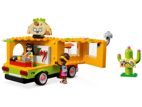 Let kids explore the foods of other cultures with LEGO® Friends Street Food Market (41701). Celebrating the trend for street food and the diversity of international cuisine, this set will delight LEGO Friends fans and foodie kids alike with its taco truck, juice bar, sushi and ramen stand and lots of pretend food accessories. Imaginative play that broadens horizons Each element features creative details. The taco truck has a hinged door for easy play access and is packed with cute details such as hot sauce and guacamole dip. There’s a blender in the juice bar for the LEGO Friends Emma mini-doll to whizz up smoothies, or kids can feed the kitten toy a cookie. Digital dimension Look for LEGO Building Instructions in your app store – a step-by-step building guide where kids can zoom, rotate and visualize models so everyone can feel like a master builder. This LEGO Friends gift for kids lets youngsters play out the real world in a place where everyone’s invited. Creative gift that celebrates world food – Young foodies will love to browse the international stalls of the LEGO® Friends Street Food Market (41701) set while they hang out with their BFFs Packed with fun features – This 592-piece food set comes with 3 mini-dolls, including LEGO® Friends Emma, a taco truck, juice bar, sushi stall, dining area, cactus sign and a kitten toy for kids Interactive play – Mini-dolls have interchangeable heads with differing expressions allowing kids to have fun acting out what they think of the food. The truck opens to allow easy-access play Packed with pretend food accessories – An egg-topped ramen bowl, sushi, chopsticks, fork, dipping bowls, fruit, chilies and guacamole dip help the food play come alive for kids On-trend birthday gift for kids aged 6+ – Perfect for boys and girls who like toys that reflect the latest trends. A fun birthday gift for little foodies who love hanging out with friends Anytime fun – With the taco truck measuring over 4 in. (11 cm) high and 6 in. (16 cm) long, this set is small enough to keep out on display for whenever kids are hungry for some LEGO® food play Building for the digital age – Comes with interactive Instructions PLUS, available on the free LEGO® Building Instructions app, where kids can digitally zoom, rotate and visualize toys as they build A place for everyone – Introduce kids to colorful LEGO® Friends sets, which let kids explore their passions and new cultures from the comfortof their bedrooms Works every time – Ever since 1958, LEGO® components have met stringent industry standards to ensure they are consistent, compatible and always connect and pull apart with ease Peace of mind at play –popular LEGO® toys are tested to the max to ensure they meet rigorous safety standards