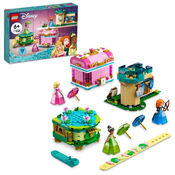 Open play possibilities await kids aged 6+ within this LEGO® ǀ Disney Aurora, Merida and Tiana’s Enchanted Creations (43203) set, including 3 buildable toys with extra functions, a LEGO DOTS bracelet with tiles, and 3 mini-doll figures with special ‘diamond’ dresses. Interactive digital building instructions to make building extra fun are available in the free LEGO Building Instructions app, with intuitive tools to help kids visualize the model. Learn and play The builds grow children’s confidence and spark imagination and creativity as they replay movie-based scenes or devise their own, then use the builds to hold jewelry, pencils or other treasures. The set is great on its own or can be combined with other LEGO ǀ Disney sets (sold separately) for extended play. Well-known characters and scenes This fun set gets kids playing quickly with Disney’s Aurora and Tiana, plus Disney and Pixar’s Merida, mini-doll figures, and will be a gift that everyone will admire during and after playtime. Endless princess play – Give any child a gift to wow the playground with this LEGO® ǀ Disney Aurora, Merida and Tiana’s Enchanted Creations 43203 set. The fun starts with building and doesn’t stop What’s in the set? – This 558-piece set includes buildable items with functions for each princess, a transforming ‘diamond’ dress designed to store a mini-doll figure inside and lots of story starters Well-known characters – Featuring Disney’s Aurora and Tiana, plus Disney and Pixar’s Merida, this set can be combined with other Disney sets (sold separately) or used for open-ended play on its own Inventive gift for ages 6+ – Kids will love this set full of creative possibilities, inspired by 3 beloved Disney movies, making it a fun gift for kids wanting to join the hottest trends Extended experience – With Merida’s castle measuring over 3.5 in. (9 cm) high, 5.5 in. (14 cm) wide and 3.5 in. (9 cm) deep, this set is easy for kids to take out for playdates, over and over Interactive digital building – Using the LEGO® Building Instructions app, builders can zoom, rotate and visualize a digital version of their model as they build Collectible fun – The LEGO® ǀ Disney Diamond Dress Assortment offers kids and fans a range of sets, with 5 different princesses and their ‘diamond’ dresses spread across the collection Important life skills – With detailed mini-doll figures and usable builds, this Disney Princess buildable set encourages open creative play that helps build important life skills through fun Uncompromising quality – Ever since 1958, LEGO® components have met stringent industry standards to ensure they connect consistently Safety first – LEGO® components are dropped, heated, crushed, twisted and analyzed to make sure they meet rigorous global safety standards