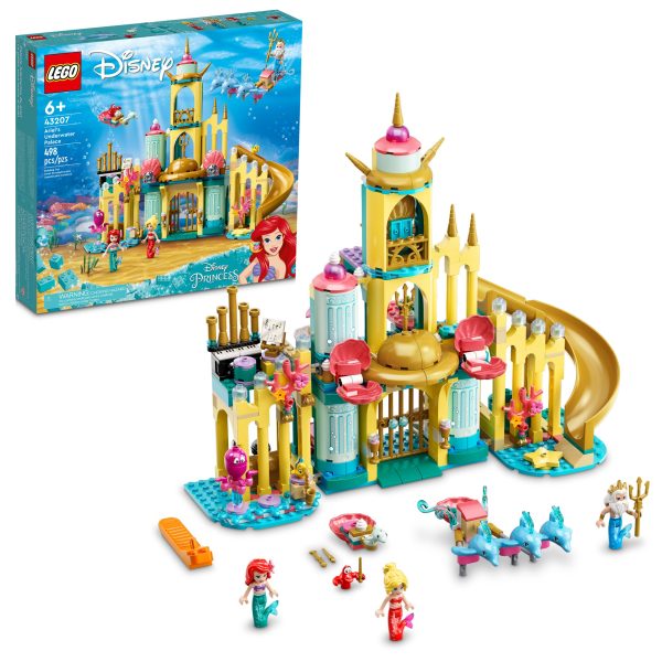 Adventures beneath the sea await Disney's The Little Mermaid fans aged 6 and up in this LEGO® ǀ Disney Ariel's Underwater Palace (43207) set, featuring a buildable toy palace, 3 mini-doll figures and 6 LEGO animal figures, plus interactive digital building instructions to help make construction extra fun. Available in the free LEGO Building Instructions app, the intuitive tools help kids visualize the model as they build. Hands-on play, learning and growth This detailed Disney palace set ispacked with features and accessories to spark imagination and creativity while kids role-play and relive favorite movie scenes or create their own. This set encourages both solo and group play, with the different ages of the characters letting kids act out stories as a family. Iconic characters This set gets kids playing fast with Disney's Ariel, Arista and King Triton mini-doll figures, plus Sebastian, Flounder and 4 dolphin LEGO figures, and makes an impressive gift for any Disney Princess fan. Creative play – Give any Disney fan a gift full of features, functions and accessories to inspire imaginative role play with this fun LEGO® ǀ Disney Ariel's Underwater Palace (43207) set What's in the box? – This 498-piece set features a palace with a slide, movable furniture and large and small dolphin chariots, plus plenty of accessories to spark extended play sessions Iconic characters – Featuring Disney's Ariel, Arista and King Triton mini-doll figures, plus Sebastian and Flounder LEGO® figures, this set is designed for endless imaginative adventures Fun gift for ages 6+ – Kids will love this high-quality set full of hands-on play possibilities. Based on a beloved Disney movie, this buildable toy kit will really impress a Disney Princess fan Details to spark play – With the palace measuring over 11 in. (28 cm) high, 12.5 in. (31 cm) wide and 5 in. (12 cm) deep, this set is designed for extended play sessions and looks great on display Interactive digital building – Using the LEGO® Building Instructions app, builders can zoom, rotate and visualize a digital version of their model as they build Important life skills – With detailed mini-doll figures and a recognizable build, this Disney Princess construction set encourages open creative play that helps build vital life skills through fun Uncompromising quality – Ever since 1958, LEGO® components have met stringent industry standards to ensure they connect consistently Safety first – LEGO® components are dropped, heated, crushed, twisted and analyzed to make sure they meet rigorous global safety standards