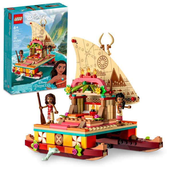 Adventure awaits any child aged 6+ or fan of Disney’s Moana with this imaginative LEGO® ǀ Disney Moana’s Wayfinding Boat (43210) set. The kit features a double-hulled boat with a removable shelter and printed sail, storage space, 2 LEGO mini-doll figures, a LEGO dolphin figure and decorative elements. Let the LEGO Builder app guide kids on an intuitive building adventure, allowing them to zoom in and rotate models in 3D, save sets and track their progress. Hands-on play This detailed set ispacked with features and accessories to boost the fun as kids role-play and relive movie scenes or create their own. The boat incorporates action and house play, while helping to inspire children’s creativity skills. It can be played with independently or added to other LEGO ǀ Disney sets (sold separately). Fun characters This set gets kids playing fast with Moana and Sina LEGO mini-doll figures, plus a LEGO dolphin figure, and makes a fun and inspiring gift for any Disney fan. Open-ended play – Give a boat-loving Disney’s Moana fan aged 6+ a gift full of details to inspire their imagination with this LEGO® ǀ Disney Moana’s Wayfinding Boat (43210) set Creative fun – This set includes a double-hulled boat with a sail, a large deck with a shelter and 2 cots, 2 mini-doll figures, a LEGO® animal figure and lots of decorative, play-inspiring accessories Beloved characters – Featuring Disney’s Moana and Sina LEGO® mini-doll figures, the set is designed to inspire unlimited adventures and exploration with family or friends Birthday gift for ages 6+ – Disney fans will enjoy this set full of possibilities, with an iconic boat from a Disney Animation Studio Film. It’s a treat for any child with a passion for adventure Creative play – With the boat measuring over 6 in. (17 cm) high, 7 in (19 cm) long and 5 in. (14 cm) wide, this set lets kids use their creativity and imaginations to enjoy endless play A helping hand – Discover intuitive instructions inthe LEGO® Builder app where builders can zoom in and rotate models in 3D, track their progress and save sets as they develop new skills Important life skills – With detailed LEGO® mini-doll figures and a recognizable build, this Disney construction set encourages open creative play that helps build life skills through fun Uncompromising quality – Ever since 1958, LEGO® components have met stringent industry standards to ensure they connect consistently Safety first – LEGO® components are dropped, heated, crushed, twisted and analyzed to make sure they meet rigorous global safety standards