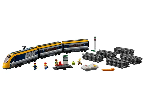 Climb aboard the LEGO® City 60197 Passenger Train! This fun set features a motorized engine with 10-speed Bluetooth remote control and opening nose cone, driver’s cabin with opening window, 2 cars with removable roofs, seats and tables, a full circular track with 16 curved and 4 straight rails, plus a buildable platform with 2 seats and train service map, train signal and 4 LEGO minifigures. Includes 4 LEGO® minifigures: 2 passengers, a train conductor and a train attendant. Features a motorized engine with 10-speed Bluetooth remote control and opening nose cone, pantograph on the roof and driver’s cabin with opening window and control panel, plus a café car with removable roof and tables, and a passenger car with removable roof, seats and tables. Also includes a platform with 2 seats and train services map, a full circular track with 16 curved rails and 4 straight rails, plus a buildable train signal pole. Accessory elements include 3 mugs, 3 muffins, a hot dog, croissant, messenger bag and a suitcase with LEGO® box inside. Lift off the roof to access the passenger train cabins filled with cool details. Operate the train with the 10-speed Bluetooth remote control. Drive to the platform and pick up or unload passengers. Set the rails in different ways to fit your city's style. This product requires batteries (not included). Please refer to the product packaging for types and quantities. The included Bluetooth remote is not compatible with older infrared remote-controlled LEGO® train sets. Passenger Train with cars measures over 4” (11cm) high, 27” (69cm) long and 1” (5cm) wide. Engine section measures over 4” (11cm) high, 10” (26cm) long and 1” (5cm) wide. Platform measures over 2” (7cm) high, 4” (11cm) wide and 2” (6cm) deep.