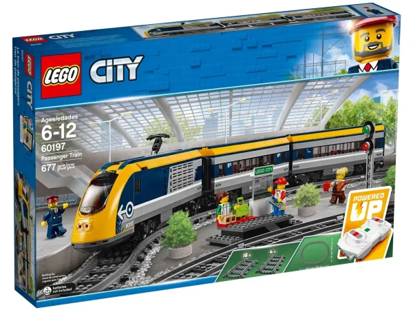 Climb aboard the LEGO® City 60197 Passenger Train! This fun set features a motorized engine with 10-speed Bluetooth remote control and opening nose cone, driver’s cabin with opening window, 2 cars with removable roofs, seats and tables, a full circular track with 16 curved and 4 straight rails, plus a buildable platform with 2 seats and train service map, train signal and 4 LEGO minifigures. Includes 4 LEGO® minifigures: 2 passengers, a train conductor and a train attendant. Features a motorized engine with 10-speed Bluetooth remote control and opening nose cone, pantograph on the roof and driver’s cabin with opening window and control panel, plus a café car with removable roof and tables, and a passenger car with removable roof, seats and tables. Also includes a platform with 2 seats and train services map, a full circular track with 16 curved rails and 4 straight rails, plus a buildable train signal pole. Accessory elements include 3 mugs, 3 muffins, a hot dog, croissant, messenger bag and a suitcase with LEGO® box inside. Lift off the roof to access the passenger train cabins filled with cool details. Operate the train with the 10-speed Bluetooth remote control. Drive to the platform and pick up or unload passengers. Set the rails in different ways to fit your city's style. This product requires batteries (not included). Please refer to the product packaging for types and quantities. The included Bluetooth remote is not compatible with older infrared remote-controlled LEGO® train sets. Passenger Train with cars measures over 4” (11cm) high, 27” (69cm) long and 1” (5cm) wide. Engine section measures over 4” (11cm) high, 10” (26cm) long and 1” (5cm) wide. Platform measures over 2” (7cm) high, 4” (11cm) wide and 2” (6cm) deep.