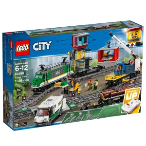 Load up the powerful LEGO® City 60198 Cargo Train and deliver the goods on time! This cool LEGO City set features a motorized engine with 10-speed Bluetooth remote control, accessible driver’s cabin, a crane wagon with rotating and extendable boom arm, container wagon with 2 containers, and a log wagon, plus an armored truck with opening doors, and a forklift with opening roll cage and lifting forks. This cool LEGO train set also includes a full circular track with 16 curved rails, 16 straight rails and a railroad switch with lever, plus a control center with ladder and 2 buildable pallets with money bills, gold bar elements, a snow scooter and 6 LEGO minifigures. Includes 6 LEGO® minifigures: 4 train workers, a security officer and a crook. Features a motorized engine with 10-speed Bluetooth remote control, pantograph on the opening roof, and driver’s cabin with control panel. Also features a log wagon, crane wagon with rotating and extendable boom arm, and a container wagon with 2 containers with hooks on the roof for loading and space for pallets. Includes a control center with ladder and signal lights, a full circular toy train track with 16 curved rails, 16 straight rails and a railroad switch with lever, a money transport truck with opening doors, and a working forklift with opening roll cage. Accessory elements include a wrench, 12 gold bar elements and 4 money bills, plus 2 buildable pallets, 3 logs and snow scooter. Open the roof to access the engine car filled with cool details. Operate the cargo train with the 10-speed Bluetooth remote control. Lift and load logs onto the log wagon with the crane's rotating arm and hook. Push the lever on the railroad switch to drive the train to a different track for loading or unloading. Load pallets into the containers with the forklift before lifting them onto the container wagon with the crane. Set up the tracks in different configurations to load or offload cargo around your city. This product requires batteries (not included). Please refer to the product packaging for type and quantities. The included Bluetooth remote is not compatible with older infrared remote-controlled LEGO® train sets. Cargo Train in total measures over 4” (11cm) high, 32” (82cm) long and 2” (6cm) wide. Engine measures over 4” (11cm) high, 10” (27cm) long and 2” (6cm) wide. Log wagon measures over 1” (5cm) high, 5” (15cm) long and 2” (6cm) wide. Crane wagon measures over 4” (10cm) high, 8” (22cm) long and 1” (5cm) wide. Container wagon measures over 3” (9cm) high, 7” (18cm) long and 1” (5cm) wide. Armored truck measure over 2” (6cm) high, 6” (15cm) long and 2” (6cm) wide. Control center measures over 8” (21cm) high, 3” (8cm) wide and 4” (12cm) deep. Forklift measures over 2” (7cm) high, 2” (5cm) wide and 4” (12cm) deep.