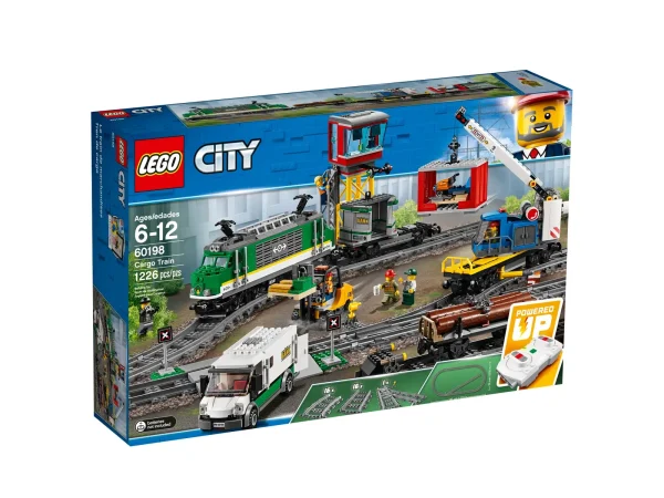 Load up the powerful LEGO® City 60198 Cargo Train and deliver the goods on time! This cool LEGO City set features a motorized engine with 10-speed Bluetooth remote control, accessible driver’s cabin, a crane wagon with rotating and extendable boom arm, container wagon with 2 containers, and a log wagon, plus an armored truck with opening doors, and a forklift with opening roll cage and lifting forks. This cool LEGO train set also includes a full circular track with 16 curved rails, 16 straight rails and a railroad switch with lever, plus a control center with ladder and 2 buildable pallets with money bills, gold bar elements, a snow scooter and 6 LEGO minifigures. Includes 6 LEGO® minifigures: 4 train workers, a security officer and a crook. Features a motorized engine with 10-speed Bluetooth remote control, pantograph on the opening roof, and driver’s cabin with control panel. Also features a log wagon, crane wagon with rotating and extendable boom arm, and a container wagon with 2 containers with hooks on the roof for loading and space for pallets. Includes a control center with ladder and signal lights, a full circular toy train track with 16 curved rails, 16 straight rails and a railroad switch with lever, a money transport truck with opening doors, and a working forklift with opening roll cage. Accessory elements include a wrench, 12 gold bar elements and 4 money bills, plus 2 buildable pallets, 3 logs and snow scooter. Open the roof to access the engine car filled with cool details. Operate the cargo train with the 10-speed Bluetooth remote control. Lift and load logs onto the log wagon with the crane's rotating arm and hook. Push the lever on the railroad switch to drive the train to a different track for loading or unloading. Load pallets into the containers with the forklift before lifting them onto the container wagon with the crane. Set up the tracks in different configurations to load or offload cargo around your city. This product requires batteries (not included). Please refer to the product packaging for type and quantities. The included Bluetooth remote is not compatible with older infrared remote-controlled LEGO® train sets. Cargo Train in total measures over 4” (11cm) high, 32” (82cm) long and 2” (6cm) wide. Engine measures over 4” (11cm) high, 10” (27cm) long and 2” (6cm) wide. Log wagon measures over 1” (5cm) high, 5” (15cm) long and 2” (6cm) wide. Crane wagon measures over 4” (10cm) high, 8” (22cm) long and 1” (5cm) wide. Container wagon measures over 3” (9cm) high, 7” (18cm) long and 1” (5cm) wide. Armored truck measure over 2” (6cm) high, 6” (15cm) long and 2” (6cm) wide. Control center measures over 8” (21cm) high, 3” (8cm) wide and 4” (12cm) deep. Forklift measures over 2” (7cm) high, 2” (5cm) wide and 4” (12cm) deep.