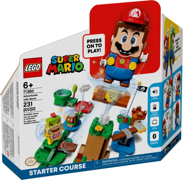 Kids can team up with their favorite character in the real world with this LEGO® Super Mario™ Adventures with Mario Starter Course (71360). The set features a LEGO Mario™ figure that gives instant expressive responses via the LCD screens and speaker. Players earn virtual coins moving LEGO Mario from the Start Pipe to the Goal Pole via spinning and cloud platforms, the ? Block, and super battles with the Goomba and Bowser Jr. toy figures. Rearrange the bricks to create new levels to master. Enhanced play A free LEGO Super Mario app is available for enhanced play with this gift toy for kids. It has zoom and rotate viewing tools to make building easier, suggests other creative ways to build and play, and is a safe forum to share ideas with friends. Mario unlimited! Great for solo play or group competitions, LEGO Super Mario sets bring a family-favorite character into the real world. This Starter Course and the Expansion Sets offer unlimited challenges and nurture problem-solving skills. The LEGO® Mario™ figure is powered by 2 x AAA batteries (not included), delivering a highly interactive in-game experience where players get instant feedback and rewards for creativity. Fans can begin exploring the fun-packed LEGO® Super Mario™ universe with this Adventures with Mario Starter Course (71360), featuring 7 action bricks for different interactions with the LEGO Mario™ figure. LEGO® Mario™ has color sensors, plus LCD screens in his eyes, mouth and belly to display over 100 different instant reactions to movement. Also included is a speaker that plays iconic sounds and music from the video game. In this super toy playset, LEGO® Mario™ collects virtual coins as he runs and jumps from the Start Pipe to the Goal Pole via LEGO bricks, cloud platforms, the ? Block and clashes with the Goomba figure and Bowser Jr. This 231-piece, collectible LEGO® toy playset makes a cool birthday or holiday gift for kids aged 6+ who can build and play their own way and learn to solve problems while having lots of creative fun. Rearrange the Starter Course and combine with LEGO® Super Mario™ Expansion Sets to create more challenging levels and games to play with and against friends. Kids will love the free LEGO® Super Mario™ app, which has building instructions, inspiration for fun, creative ways to play, and more. For a list of compatible Android and iOS devices, visit LEGO.com/devicecheck. Great for solo or group play, interactive LEGO® Super Mario™ toy building sets bring a family-favorite character to life in a unique way and offer unlimited creative challenges through expansion and rebuilding. Builders will not need a Super Star’s power to connect or pull apart LEGO® bricks! Ever since 1958 they have met the highest industry standards to ensure consistency and robust building. LEGO® building bricks and pieces are dropped, heated, crushed, twisted and analyzed in almost every way you can imagine to ensure that every LEGO set meets the highest global safety and quality standards. This set features Digital Building Instructions. Now it’s easy to follow the steps on your mobile device or download a PDF of the printed building guide. Click the Building Instructions button at the bottom of this page to find and download the instructions.