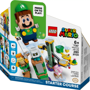 Introduce children to the interactive LEGO® Super Mario™ universe with this Adventures with Luigi Starter Course (71387). An awesome gift toy for trend-setting kids, it features a LEGO® Luigi™ figure that gives instant expressive responses via an LCD screen and speaker. Players earn digital coins for helping LEGO Luigi complete spinning seesaw and flying challenges, interactions with Pink Yoshi and defeating Boom Boom and a Bone Goomba. The nougat-brown-colored bricks in this Tower biome also trigger different reactions from LEGO Luigi, and the ? Block offers extra rewards. Creative fun Find building instructions in the free LEGO Super Mario app, which also includes inspiration for ways to rebuild levels and more. Unlimited possibilities Collectible LEGO Super Mario toy playsets offer a new way to play, in the real world, with iconic Super Mario characters. The Starter Courses and Expansion Sets, plus Power-Up Packs, combine in limitless ways to allow fans to build their own levels. The LEGO® Luigi™ figure is powered by 2 x AAA batteries (not included), delivering a highly interactive play experience where players get instant feedback and rewards for creativity. Introduce Super Mario™ fans to the real-world LEGO® Super Mario™ universe with this Adventures with Luigi Starter Course (71387), featuring a LEGO® Luigi™ figure for fun interactive play. LEGO® Luigi™ has a color sensor, an LCD screen to display many different instant reactions to movement, and a speaker that plays iconic sounds and music from the video game. Move LEGO® Luigi™ from Start Pipe to Goal Pole, collecting digital coins for spinning seesaw and flying challenges and interacting with the ? Block and Pink Yoshi, Boom Boom and Bone Goomba figures. The nougat-brown-colored bricks, which signify the Tower biome, trigger different reactions from LEGO® Luigi™. This modular, 280-piece LEGO® toy building set makes a fun birthday or holiday gift for creative kids aged 6 and up. It can be rebuilt and combined with other LEGO® Super Mario™ sets in many ways. The free LEGO® Super Mario™ app offers building instructions, creative tips and a safe platform for kids to share ideas. For a list of compatible Android and iOS devices, visit LEGO.com/devicecheck. Collectible LEGO® Super Mario™ toy playsets bring iconic Super Mario characters into the real world, offering fans limitless ways to expand, rebuild, customize and create their own unique levels. LEGO® bricks and pieces satisfy demanding industry standards to guarantee that they are compatible and connect simply and securely – it’s been that way since 1958. LEGO® components are tested in almost every way imaginable to make sure that they satisfy stringent global safety standards.