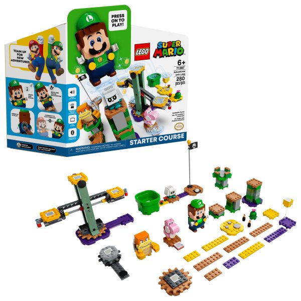 Introduce children to the interactive LEGO® Super Mario™ universe with this Adventures with Luigi Starter Course (71387). An awesome gift toy for trend-setting kids, it features a LEGO® Luigi™ figure that gives instant expressive responses via an LCD screen and speaker. Players earn digital coins for helping LEGO Luigi complete spinning seesaw and flying challenges, interactions with Pink Yoshi and defeating Boom Boom and a Bone Goomba. The nougat-brown-colored bricks in this Tower biome also trigger different reactions from LEGO Luigi, and the ? Block offers extra rewards. Creative fun Find building instructions in the free LEGO Super Mario app, which also includes inspiration for ways to rebuild levels and more. Unlimited possibilities Collectible LEGO Super Mario toy playsets offer a new way to play, in the real world, with iconic Super Mario characters. The Starter Courses and Expansion Sets, plus Power-Up Packs, combine in limitless ways to allow fans to build their own levels. The LEGO® Luigi™ figure is powered by 2 x AAA batteries (not included), delivering a highly interactive play experience where players get instant feedback and rewards for creativity. Introduce Super Mario™ fans to the real-world LEGO® Super Mario™ universe with this Adventures with Luigi Starter Course (71387), featuring a LEGO® Luigi™ figure for fun interactive play. LEGO® Luigi™ has a color sensor, an LCD screen to display many different instant reactions to movement, and a speaker that plays iconic sounds and music from the video game. Move LEGO® Luigi™ from Start Pipe to Goal Pole, collecting digital coins for spinning seesaw and flying challenges and interacting with the ? Block and Pink Yoshi, Boom Boom and Bone Goomba figures. The nougat-brown-colored bricks, which signify the Tower biome, trigger different reactions from LEGO® Luigi™. This modular, 280-piece LEGO® toy building set makes a fun birthday or holiday gift for creative kids aged 6 and up. It can be rebuilt and combined with other LEGO® Super Mario™ sets in many ways. The free LEGO® Super Mario™ app offers building instructions, creative tips and a safe platform for kids to share ideas. For a list of compatible Android and iOS devices, visit LEGO.com/devicecheck. Collectible LEGO® Super Mario™ toy playsets bring iconic Super Mario characters into the real world, offering fans limitless ways to expand, rebuild, customize and create their own unique levels. LEGO® bricks and pieces satisfy demanding industry standards to guarantee that they are compatible and connect simply and securely – it’s been that way since 1958. LEGO® components are tested in almost every way imaginable to make sure that they satisfy stringent global safety standards.