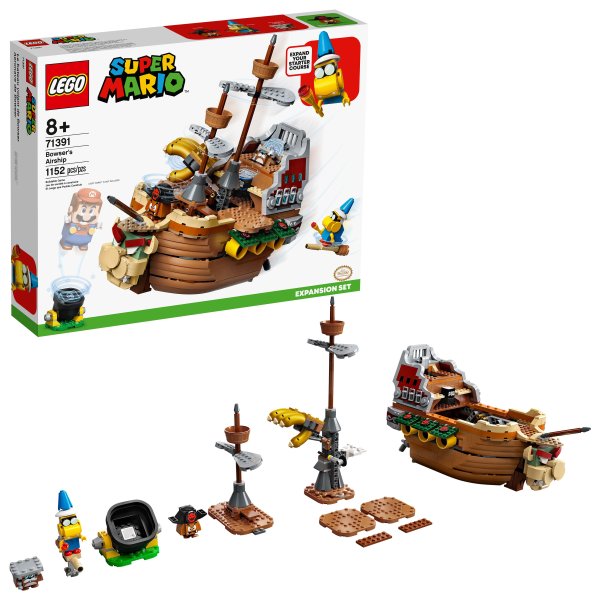 Kids can build Bowser’s iconic Airship to display and enhance their LEGO® Super Mario™ universe with this Expansion Set (71391). The ship can be arranged in ‘flying mode’ or folded out in ‘course mode’, and players must overcome challenges such as Bowser’s Mecha Hand and a POW Block to pop a Rocky Wrench from its hiding place. (Note: the 71360 or 71387 Starter Course is required for play.) Iconic enemies The set includes Kamek, Rocky Wrench and Goomba figures, plus a Cannon Start Pipe – use it to begin a 90-second level. Children can play solo, team up or compete against a friend with their LEGO® Mario™ or LEGO® Luigi™ figure. And look out for the free LEGO Super Mario app, which has building instructions, creative inspiration and more. Unlimited fun Collectible LEGO Super Mario toy playsets bring family-favorite Super Mario characters into the real world and make ace gifts for trend-setting kids. Children can build and display a brilliant brick-built model of Bowser’s Airship and use it to create another unique level in their LEGO® Super Mario™ universe with this cool Expansion Set (71391). Includes LEGO® figures of 3 Super Mario™ characters, Kamek, a Rocky Wrench and a Goomba, plus a POW Block and a Cannon Start Pipe to begin the level and enhance digital-coin-collecting potential. The Airship unfolds to reveal a detailed interior, and there are lots of challenges for players, including using Kamek’s broom to knock over Bowser’s Mecha Hand and a plank to topple the mast. This 1,152-piece toy playset makes a wonderful birthday or holiday gift for kids aged 8 and up who own a LEGO® Super Mario™ Starter Course (71360 or 71387), which is required for play. Great for solo play or connect via Bluetooth to a friend’s LEGO® Mario™ or LEGO® Luigi™ figure (extra figures not included) for 2-player social fun where teamwork earns bonus coins. This Airship measures over 12 in. (30 cm) high, 13.5 in. (35 cm) long and 7.5 in. (19 cm) wide in display form and can be unfolded and combined with other LEGO® Super Mario™ sets in various ways. The free LEGO® Super Mario™ app offers building instructions, inspiration, a safe forum for kids to share ideas and more. For a list of compatible Android and iOS devices, visit LEGO.com/devicecheck. Collectible LEGO® Super Mario™ toy building sets bring Super Mario characters into the real world, offering limitless, fun, creative challenges through expansion, rebuilding and interactive play. LEGO® components meet stringent industry standards to guarantee that they are compatible and connect securely – it’s been that way since 1958. LEGO® building bricks and pieces are dropped, heated, crushed, twisted and analyzed to ensure that they meet demanding global safety standards.