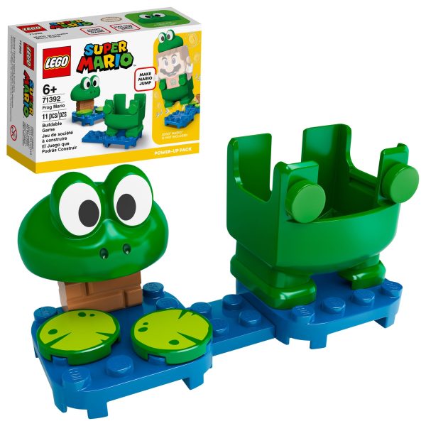 Fans can add leaping, splashing fun to their LEGO® Super Mario™ play experience with this Frog Mario Power-Up Pack (71392). It features an interactive frog suit for LEGO® Mario™ (figure not included), which gives the player a chance to earn extra digital coins for making him jump, and triggers splashing sounds each time he lands. This set is an ideal gift for trend-setting kids who own the LEGO Super Mario Starter Course set 71360, which includes LEGO Mario, or the 71387 set which includes a LEGO® Luigi™ figure. Build and play Building instructions for this LEGO set can be found in the box and on the free LEGO Super Mario app. The app is a safe forum for kids to share ideas and offers tips for creative ways to build and play. Real-life Super Mario action Collectible LEGO Super Mario toy playsets bring an iconic Super Mario character into the real world. The Starter Course, Expansion Sets and Power-Up Packs allow fans to create their own challenging levels for solo or group play. Bring leaping, splashing fun to LEGO® Super Mario™ fans’ levels with this Frog Mario Power-Up Pack (71392), featuring an interactive suit for LEGO® Mario™ (figure not included). This brick-built accessory fits on the LEGO® Mario™ figure in the Adventures with Mario Starter Course (71360) or the LEGO® Luigi™ figure in the Adventures with Luigi Starter Course (71387). When LEGO® Mario™ wears this suit, players earn extra digital coins for making him jump like a frog and splashing sounds are triggered each time the figure lands. The pack also has water lily and blue ‘water’ LEGO® elements to add to the level children create, and illustrated instructions are included to help kids build independently. The free LEGO® Super Mario™ app also has building instructions, inspiration for ways to build and play, and more. For a list of compatible Android and iOS devices, visit LEGO.com/devicecheck. This collectible building toy makes a fun birthday or holiday gift for creative kids aged 6 and up to customize their LEGO® Super Mario™ Starter Course and Expansion Sets. Other LEGO® Super Mario™ Power-Up Packs are available to use with the Starter Courses and Expansion Sets, including the Bee Mario Power-Up Pack (71393). Awesome LEGO® Super Mario™ toy playsets bring iconic Super Mario characters into the real world, allowing fans to expand and rebuild to create their own unique levels for solo or group play. Since 1958, LEGO® building bricks have met stringent industry standards to ensure that they connect simply and securely. LEGO® components are tested in almost every way imaginable to make sure that they satisfy strict global safety standards.