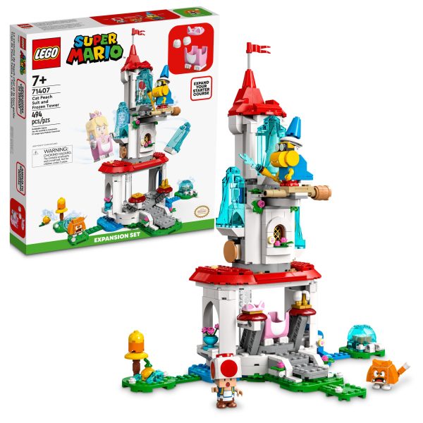 Kids can build a supercool LEGO® Super Mario™ level with the Cat Peach Suit and Frozen Tower Expansion Set (71407). It features a Cat Suit for LEGO® Peach™ (figure not included) to wear to climb the brick-built tower, and 3 LEGO toy figures: Kamek, Toad and a Cat Goomba. Players earn rewards by releasing the Coin Block from ‘ice’ and jumping on it, grabbing the yellow fruit, toppling Kamek from the tower (after activating the POW Block) and breaking Toad out of the ice enclosure. (Note: the 71360, 71387 or 71403 Starter Course is required for play.) Share the creative fun A top gift for trendsetting kids aged 7 and up, this collectible toy playset is ideal for solo or social play. Download the LEGO Super Mario app for building instructions and more. Unlimited play LEGO Super Mario Starter Courses and Expansion Sets allow fans to expand, rebuild and create their own unique levels for hours of coin-collecting play. Ice-breaking adventures – Excite kids’ imaginations with the Cat Peach Suit and Frozen Tower Expansion Set (71407), featuring a brick-built tower and lots of coin-collecting challenges 3 LEGO® Super Mario™ characters – LEGO® toy figures of Cat Goomba, Kamek and Toad for LEGO® Peach™ (figure not included) to interact with Cat Suit – The suit triggers unique reactions in LEGO® Peach™ and she can wear it to climb the tower and win digital coins Fun challenges – Release the Coin Block from ‘ice’, grab the yellow fruit, knock ‘ice’ off the tower, activate the POW Block then topple Kamek from the tower and break Toad out of the ice enclosure Gift for ages 7 and up – Give this 494-piece set as a birthday or holiday gift to trendsetting kids who own a LEGO® Super Mario™ Starter Course (71360, 71387 or 71403), which is needed for play Rebuild and combine – Measuring over 13.5 in. (35 cm) high, 12.5 in. (32 cm) wide and 7.5 in. (20 cm) deep in its basic formation, this modular set mixes with other LEGO® Super Mario™ playsets Companion app – Download the LEGO® Super Mario™ app for building instructions, creative inspiration and more. For a list of compatible Android and iOS devices, visit LEGO.com/devicecheck Nurture creativity – LEGO® Super Mario™ toy playsets are designed for solo or social play, offering hours of coin-collecting fun and limitless creative challenges through expansion and rebuilding High quality – Since 1958, LEGO® components have met strictindustry quality standards to ensure that they connect simply and securely Safety assurance – LEGO® bricks and pieces are dropped, heated, crushed, twisted and analyzed to make sure that they satisfy demanding global safety standards