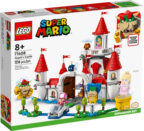 Let kids add an iconic location to their LEGO® Super Mario™ universe with the Peach’s Castle Expansion Set (71408). There is so much for players to explore and many ways to earn digital coins with their interactive LEGO® Mario™, LEGO® Luigi™ or LEGO® Peach™ figures (not included). It features a throne room with a spinning wall to reveal Bowser, Peach stained-glass window, a Bob-omb painting with an Action Tag, cake with a Goomba hiding inside, Special Pipe: Peach’s Castle, Time Block, ‘broken’ bridge, fruit bowl with a purple fruit and more. (Note: the 71360, 71387 or 71403 Starter Course is required for interactive play.) Share the fun A top gift for kids aged 8 and up, this toy playset includes 5 Super Mario™ characters and is ideal for solo or social play. Download the LEGO Super Mario app for building instructions. Unlimited levels LEGO Super Mario Starter Courses and Expansion Sets, allow fans to expand, rebuild and create their own levels for hours of coin-collecting play. Highly detailed Peach’s Castle (71408) – Children can add an iconic location to their LEGO® Super Mario™ world with this challenge-packed Expansion Set 5 LEGO® Super Mario™ toy figures – Bowser, Ludwig, Toadette, a Goomba and a Bob-omb Authentic features – A Special Pipe: Peach’s Castle, Time Block, Peach stained-glass window, Bob-omb painting with a hidden Action Tag, cake with a Goomba hiding inside, a purple fruit and more Throne room – Help LEGO® Mario™, LEGO® Luigi™ or LEGO® Peach™ (figures not included) activate the slider platform to spin the wall and reveal Bowser, then jump on the triggers to flip him over Gift for ages 8 and up – Give this 1,216-piece set as a birthday or holiday gift to trendsetting kids who own a LEGO® Super Mario™ Starter Course (71360, 71387 or 71403), which is required for play Rebuild and mix – Measuring over 11.5 in. (30 cm) high, 14 in. (36 cm) wide and 18.5 in. (48cm) deep in its basic formation, this modular set can be combined with other LEGO® Super Mario™ sets Digital instructions – Download the LEGO® Super Mario™ app for building instructions, creative inspiration and more. For a list of compatible Android and iOS devices, visit LEGO.com/devicecheck Endless possibilities – Collectible LEGO® Super Mario™ toy playsets are designed for solo or social play, offering coin-collecting fun and unlimited challenges through expansion and rebuilding Premium quality – LEGO® components meet demanding industry quality standards to ensure that they connect simply and securely for robust builds Safety first – LEGO® bricks and pieces are dropped, heated, crushed, twisted and analyzed to ensure that they satisfy rigorous global safety standards