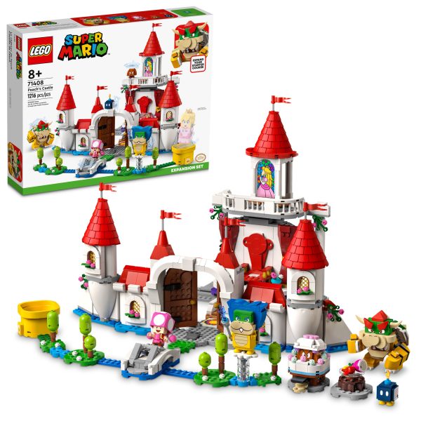 Let kids add an iconic location to their LEGO® Super Mario™ universe with the Peach’s Castle Expansion Set (71408). There is so much for players to explore and many ways to earn digital coins with their interactive LEGO® Mario™, LEGO® Luigi™ or LEGO® Peach™ figures (not included). It features a throne room with a spinning wall to reveal Bowser, Peach stained-glass window, a Bob-omb painting with an Action Tag, cake with a Goomba hiding inside, Special Pipe: Peach’s Castle, Time Block, ‘broken’ bridge, fruit bowl with a purple fruit and more. (Note: the 71360, 71387 or 71403 Starter Course is required for interactive play.) Share the fun A top gift for kids aged 8 and up, this toy playset includes 5 Super Mario™ characters and is ideal for solo or social play. Download the LEGO Super Mario app for building instructions. Unlimited levels LEGO Super Mario Starter Courses and Expansion Sets, allow fans to expand, rebuild and create their own levels for hours of coin-collecting play. Highly detailed Peach’s Castle (71408) – Children can add an iconic location to their LEGO® Super Mario™ world with this challenge-packed Expansion Set 5 LEGO® Super Mario™ toy figures – Bowser, Ludwig, Toadette, a Goomba and a Bob-omb Authentic features – A Special Pipe: Peach’s Castle, Time Block, Peach stained-glass window, Bob-omb painting with a hidden Action Tag, cake with a Goomba hiding inside, a purple fruit and more Throne room – Help LEGO® Mario™, LEGO® Luigi™ or LEGO® Peach™ (figures not included) activate the slider platform to spin the wall and reveal Bowser, then jump on the triggers to flip him over Gift for ages 8 and up – Give this 1,216-piece set as a birthday or holiday gift to trendsetting kids who own a LEGO® Super Mario™ Starter Course (71360, 71387 or 71403), which is required for play Rebuild and mix – Measuring over 11.5 in. (30 cm) high, 14 in. (36 cm) wide and 18.5 in. (48cm) deep in its basic formation, this modular set can be combined with other LEGO® Super Mario™ sets Digital instructions – Download the LEGO® Super Mario™ app for building instructions, creative inspiration and more. For a list of compatible Android and iOS devices, visit LEGO.com/devicecheck Endless possibilities – Collectible LEGO® Super Mario™ toy playsets are designed for solo or social play, offering coin-collecting fun and unlimited challenges through expansion and rebuilding Premium quality – LEGO® components meet demanding industry quality standards to ensure that they connect simply and securely for robust builds Safety first – LEGO® bricks and pieces are dropped, heated, crushed, twisted and analyzed to ensure that they satisfy rigorous global safety standards