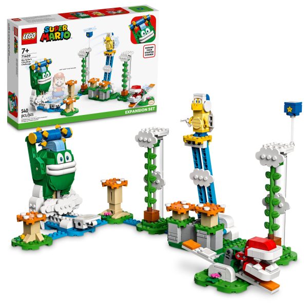 Kids can create their own LEGO® Super Mario™ sky level with the Big Spike’s Cloudtop Challenge Expansion Set (71409). It features familiar challenges from the Super Mario™ video games and LEGO figures of 3 popular enemies – a Big Spike, a Boomerang Bro and a Piranha Plant. Players earn digital coins for helping their LEGO® Mario™, LEGO® Luigi™ or LEGO® Peach™ figures (not included) battle the Big Spike, jump on the orange Mushroom Trampolines to get to the Boomerang Bro, use the Super Star Block and more. (Note: the 71360, 71387 or 71403 Starter Course is required for play.) Companion app Download the LEGO Super Mario app – it has building instructions, inspiring tips and other fun stuff to enhance kids’ creative experience. Top gift This playset makes an awesome gift toy for trendsetting kids aged 7+ and is ideal for solo or social play. LEGO Super Mario Starter Courses and Expansion Sets allow fans to expand, rebuild and create their own unique levels for hours of coin-collecting play. Introducing a new sky level – Let children take on Big Spike’s Cloudtop Challenge (71409) with this colorful LEGO® Super Mario™ Expansion Set featuring Super Mario™ enemy characters and challenges 3 LEGO® Super Mario™ figures – A Big Spike, a Boomerang Bro and a Piranha Plant Fun challenges – Dodge the spiked roller thrown by the Big Spike, gain Super Star Block power and jump on the seesaw to defeat the Piranha Plant and win digital coins Orange Mushroom Trampolines – Jump on the trampolines with LEGO® Mario™, LEGO® Luigi™ or LEGO® Peach™ (figures not included) to get to the Boomerang Bro Gift for ages 7 and up – This 540-piece set makes a fun birthday or holiday gift for trendsetting kids who own a LEGO® Super Mario™ Starter Course (71360, 71387 or 71403), which is needed for play Rebuild and mix – Measuring over 7 in. (19 cm) high, 14.5 in. (38 cm) wide and 9.5 in. (25 cm) deep in its basic formation, this modular set combines with other LEGO® Super Mario™ toy playsets Companion app – Download the LEGO® Super Mario™ app for building instructions, inspiring ideas and more. For a list of compatible Android and iOS devices, visit LEGO.com/devicecheck Inspire kids’ creativity – Collectible LEGO® Super Mario™ toys are designed for solo or social play, offering coin-collecting fun and unlimited creative challenges through expansion and rebuilding Premium quality – Since 1958, LEGO® components have complied with demanding industry quality standards to ensure that they connect simply and strongly for robust builds Safety is a priority – LEGO® building bricks are tested in almost every way imaginable to make sure that they meet strict global safety standards