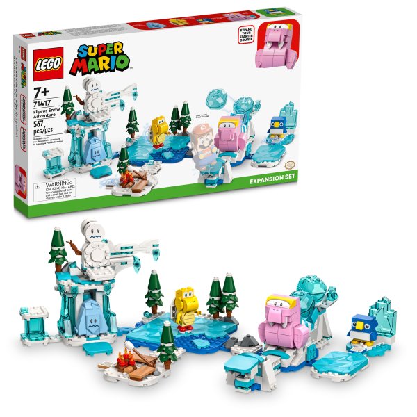 Children can add an exciting ice level to their LEGO® Super Mario™ world with the Fliprus Snow Adventure Expansion Set (71417), featuring 4 Super Mario™ characters. Players earn digital coins for helping their LEGO® Mario™, LEGO® Luigi™ or LEGO® Peach™ figures (not included) defeat a Red Koopa Troopa, Freezie and a Fliprus, skate on ‘ice’, warm up by the ‘fire’ and give a hidden fruit element to the baby penguin as a gift. (Note: the 71360, 71387 or 71403 Starter Course is required for play.) Companion app Download the LEGO Super Mario app for building instructions, plus inspirational ideas and other cool stuff to make kids’ creative experience even more fun. Top gift idea This collectible toy playset makes a top gift for trendsetting kids aged 7 and up. LEGO Super Mario Starter Courses and Expansion Sets allow fans to expand, rebuild and customize their own levels for hours of coin-collecting play. Buildable Fliprus Snow Adventure Expansion Set (71417) – Children can create an action-packed ice level for digital coin-collecting and role-play fun with this LEGO® Super Mario™ Expansion Set 4 LEGO® Super Mario™ figures – A Fliprus, a Freezie, a Red Koopa Troopa and a baby penguin Icy adventures – Help LEGO® Mario™, LEGO® Luigi™ or LEGO® Peach™ (figures not included) knock the snowman’s head off and defeat the Red Koopa Troopa, skate on ‘ice’, warm up by the ‘fire’ and more Fliprus battle and a fruit gift – Jump on the platform in front of the ice-ball-flinging Fliprus and defeat the Freezie to reach the hidden fruit element and give it to the baby penguin. Gift idea for ages 7 and up – Give this 567-piece set as a birthday or holiday gift for kids who own a LEGO® Super Mario™ Starter Course (71360, 71387 or 71403), which is needed for interactive play Rebuild and combine – Measuring over 5 in. (13 cm) high, 15.5 in. (39 cm) wide and 10 in. (26 cm) deep in its basic formation, this modular set mixes with other LEGO® Super Mario™ toy playsets Digital instructions – Download the LEGO® Super Mario™ app for building instructions, creative inspiration and more. For a list of compatible Android and iOS devices, visit LEGO.com/devicecheck Nurture kids’ imaginations – Collectible LEGO® Super Mario™ toys are designed for solo or social play, offering coin-collecting fun and limitless creative challenges through expansion and rebuilding Premium quality – Since 1958, LEGO® components have complied with stringent industry quality standards to ensure that they connect simply and strongly for robust builds Safety is a priority – LEGO® building bricks are tested in almost every way imaginable to make sure that they meet rigorous global safety standards