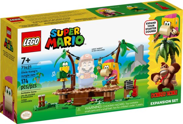 Children can venture into the jungle home of Donkey Kong™ for musical fun with this LEGO® Super Mario™ Dixie Kong’s Jungle Jam Expansion Set (71421). It features Dixie Kong and Squawks figures, a buildable stage, jungle scenery and musical instruments and equipment. Place LEGO® Mario™, LEGO® Luigi™ or LEGO® Peach™ (figures not included) center stage and turn them to make the connected stage platforms rotate, activating musical sounds. Note: the 71360, 71387 or 71403 Starter Course is required for interactive play. Companion app Download the LEGO Super Mario app for building instructions and other fun stuff to enhance youngsters’ creative experience. Gift idea This collectible playset makes a super gift toy for creative kids aged 7 and up who love music and animals – and adults with nostalgic memories of Donkey Kong will love it too! This and the many other LEGO Super Mario Expansion Sets allow fans to expand, rebuild and create their own levels for hours of coin-collecting play. Set the stage for musical fun – Kids can visit the jungle home of Donkey Kong™ with this LEGO® Super Mario™ Dixie Kong’s Jungle Jam Expansion Set (71421) and enjoy a musical adventure 2 LEGO® Super Mario™ characters from the jungle home of Donkey Kong™ – Dixie Kong with a guitar element and Squawks the parrot with a buildable microphone, plus buildable bongos and an amplifier Rotating stage platforms – Place LEGO® Mario™, LEGO® Luigi™ or LEGO® Peach™ (figures not included) center stage and turn them to make the connected stage platforms rotate, activating musical sounds Social play – There is space on the stage for a second interactive figure. The set also includes jungle scenery including 2 buildable palm trees, lighting and flower elements Gift for ages 7 and up – This 174-piece set makes a fun birthday or holiday gift for kids who own a LEGO® Super Mario™ Starter Course (71360, 71387 or 71403), which is needed for interactive play Fun combos – Measuring over 5 in. (12 cm) high, 9.5 in. (24 cm) wide and 4 in. (10 cm) deep in its basic formation, this modular set combines with other LEGO® Super Mario™ toy playsets Digital instructions – Download the LEGO® Super Mario™ app for building instructions, inspiring ideas and more. For a list of compatible Android and iOS devices, visit LEGO.com/devicecheck Inspire kids’ creativity – Collectible LEGO® Super Mario™ toys are designed for solo or social play, offering coin-collecting fun and unlimited creative challenges through expansion and rebuilding Premium quality – LEGO® components satisfy rigorous industry quality standards, ensuring that they connect simply and strongly for robust builds Safety first – LEGO® building bricks are dropped, heated, crushed, twisted and analyzed to make sure that they comply with strict global safety standards