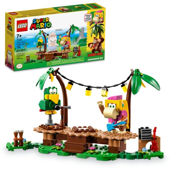 Children can venture into the jungle home of Donkey Kong™ for musical fun with this LEGO® Super Mario™ Dixie Kong’s Jungle Jam Expansion Set (71421). It features Dixie Kong and Squawks figures, a buildable stage, jungle scenery and musical instruments and equipment. Place LEGO® Mario™, LEGO® Luigi™ or LEGO® Peach™ (figures not included) center stage and turn them to make the connected stage platforms rotate, activating musical sounds. Note: the 71360, 71387 or 71403 Starter Course is required for interactive play. Companion app Download the LEGO Super Mario app for building instructions and other fun stuff to enhance youngsters’ creative experience. Gift idea This collectible playset makes a super gift toy for creative kids aged 7 and up who love music and animals – and adults with nostalgic memories of Donkey Kong will love it too! This and the many other LEGO Super Mario Expansion Sets allow fans to expand, rebuild and create their own levels for hours of coin-collecting play. Set the stage for musical fun – Kids can visit the jungle home of Donkey Kong™ with this LEGO® Super Mario™ Dixie Kong’s Jungle Jam Expansion Set (71421) and enjoy a musical adventure 2 LEGO® Super Mario™ characters from the jungle home of Donkey Kong™ – Dixie Kong with a guitar element and Squawks the parrot with a buildable microphone, plus buildable bongos and an amplifier Rotating stage platforms – Place LEGO® Mario™, LEGO® Luigi™ or LEGO® Peach™ (figures not included) center stage and turn them to make the connected stage platforms rotate, activating musical sounds Social play – There is space on the stage for a second interactive figure. The set also includes jungle scenery including 2 buildable palm trees, lighting and flower elements Gift for ages 7 and up – This 174-piece set makes a fun birthday or holiday gift for kids who own a LEGO® Super Mario™ Starter Course (71360, 71387 or 71403), which is needed for interactive play Fun combos – Measuring over 5 in. (12 cm) high, 9.5 in. (24 cm) wide and 4 in. (10 cm) deep in its basic formation, this modular set combines with other LEGO® Super Mario™ toy playsets Digital instructions – Download the LEGO® Super Mario™ app for building instructions, inspiring ideas and more. For a list of compatible Android and iOS devices, visit LEGO.com/devicecheck Inspire kids’ creativity – Collectible LEGO® Super Mario™ toys are designed for solo or social play, offering coin-collecting fun and unlimited creative challenges through expansion and rebuilding Premium quality – LEGO® components satisfy rigorous industry quality standards, ensuring that they connect simply and strongly for robust builds Safety first – LEGO® building bricks are dropped, heated, crushed, twisted and analyzed to make sure that they comply with strict global safety standards