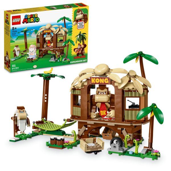 Children can build a colorful jungle level and role-play stories with this LEGO® Super Mario™ Donkey Kong’s Tree House Expansion Set (71424). The tree house is packed with authentic details to delight Donkey Kong™ fans, including a buildable TV, radio and a secret compartment. Kids can use their LEGO® Mario™, LEGO® Luigi™ or LEGO® Peach™ figures (not included) to ride on Donkey Kong’s back, nap in the hammock, knock a banana off the palm tree and gift it to Donkey Kong, ‘play’ the conga drums, visit Cranky Kong and more to earn digital coin rewards. Note: the 71360, 71387 or 71403 Starter Course is required for interactive play. Companion app Download the LEGO Super Mario app for building instructions and other inspiring stuff to enhance the creative experience. Collectible building toys A top gift idea for kids aged 8 and up – and anyone who loves Donkey Kong – this modular set combines with other LEGO Super Mario toy playsets to create unlimited unique levels. Join the DK crew at Donkey Kong’s Tree House (71424) – Kids team up with Donkey Kong™ in the jungle for banana-gifting, conga drum-playing fun with this colorful LEGO® Super Mario™ Expansion Set 2 LEGO® Super Mario™ figures from the Donkey Kong™ world: Donkey Kong and Cranky Kong Authentic details – Explore the tree house with its buildable TV, radio and secret compartment, nap in the hammock, knock a banana off the palm tree, ‘play’ the conga drums and more Friendship play – Ride on Donkey Kong’s back with LEGO® Mario™, LEGO® Luigi™ or LEGO® Peach™ (figures not included), ‘give’ Donkey Kong™ a banana and visit Cranky Kong several times to gain a reward Gift for ages 8 and up – This 555-piece set makes a fun birthday or holiday gift for kids who own a LEGO® Super Mario™ Starter Course (71360, 71387 or 71403), which is needed for interactive play Rebuild and combine – Measuring over 7.5 in. (19 cm) high, 18 in. (46 cm) wide and 6.5 in. (17 cm) deep in its basic formation, this modular set combines with other LEGO® Super Mario™ toy playsets Digital instructions – Download the LEGO® Super Mario™ app for building instructions, inspiration and more. For a list of compatible Android and iOS devices, visit LEGO.com/devicecheck Encourage kids’ creativity – Collectible LEGO® Super Mario™ toys are designed for solo or social play, offering coin-collecting fun and limitless creative challenges through expansion and rebuilding Premium quality – LEGO® building bricks satisfy rigorous industry quality standards, ensuring that they connect simply and strongly for robust builds Safety is a priority – LEGO® components are dropped, heated, crushed, twisted and analyzed to make sure that they comply with stringent global safety standards