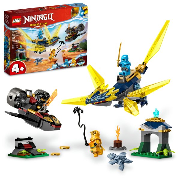 Nya and Arin’s Baby Dragon Battle (71798) playset is the ideal way for kids aged 4+ to learn how to build as they recreate amazing scenes from the NINJAGO® Dragons Rising TV series. The action-packed building set features 2 dragons, a jet plane and a hideout cave with energy crystals, plus 3 minifigures to inspire countless hours of gripping role play. Beginner LEGO® set teaches kids how to build The LEGO NINJAGO playset has been specially designed to give kids aged 4+ a great build-and-play experience. Inside the box, each bag of bricks has a model and a character to build so kids can get the action underway quickly. There is also a Starter Brick that provides a partly constructed base to get kids building. A fun digital experience for little LEGO builders Let the LEGO Builder app guide you and your child on an easy and intuitive building adventure. Zoom in and rotate models in 3D, save sets and track your progress. Beginner LEGO® set – Kids aged 4+ can recreate scenes from the NINJAGO® Dragons Rising TV series as they learn to build with the Nya and Arin’s Baby Dragon Battle (71798) playset 3 minifigures – Includes Nya with a sword and a chicken bone for Baby Riyu, Arin with a sword and grappling hook, and the Imperium Claw General with a sword 2 dragons – The energy dragon has a posable head, wings and tail and a saddle for a minifigure, while Baby Riyu comes with a hideout cave with energy crystals A gift for kids aged 4+ – This playset offers passionate ninja fans countless ways to enjoy adventures with their ninja heroes On the go – The energy dragon measures over 5 in. (13 cm) high, 10 in. (25 cm) long and 9 in. (23 cm) wide to let kids enjoy fun with the playset wherever they go A new way to build – The LEGO® Builder app guides kids on an intuitive building adventure. They can save sets, track their progress and zoom in and rotate models in 3D while they build Introduction to building with LEGO® bricks – 4+ playsets help youngsters learn how to build, while allowing the rest of the family to share the fun High quality – For more than 6 decades, LEGO® bricks have been made to ensure they connect consistently every time Always in safe hands – LEGO® building bricks meet stringent global safety standards