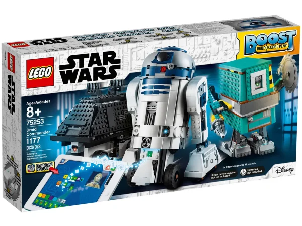 Introduce your Star Wars™ fan to a rich LEGO® brick galaxy of lovable droids, exciting missions and coding fun for kids with the LEGO Star Wars BOOST Droid Commander set. This interactive robot toy puts your child in command of 3 app-controlled Star Wars LEGO droids: R2-D2, a Gonk Droid and a Mouse Droid, each with their own personalities and skills. Using the free LEGO BOOST Star Wars app, your young commander builds the droids, inserts the Bluetooth-controlled Move Hub into the one that will solve each mission, and brings it to life using the intuitive drag-and-drop coding environment (visit LEGO.com/devicecheck for a list of compatible devices). Your youngster then constructs tools, weapons, targets, obstacles and lots more as they progress through over 40 exciting missions – they’ll love it! This set makes a great birthday or Christmas gift or just a gift for any occasion. It also helps youngsters develop their critical thinking and creative problem-solving skills, introduces them to basic engineering and robotics, and, just as importantly, lets them play in a rich and expansive galaxy filled with unforgettable icons like Luke Skywalker, X-wings, the Death Star and many more. Kids will learn to code and develop creative problem-solving skills as they play with this interactive STEM toy, featuring 3 buildable LEGO® Star Wars™ droids and over 40 interactive missions. This fun LEGO® Star Wars™ tech toy for kids includes a color & distance sensor, interactive motor, Move Hub and 1,177 pieces – enough to build all 3 lovable R2-D2, Gonk Droid and Mouse Droid LEGO figures. Please note that only one robot can be brought to life at a time using the included Bluetooth-controlled Move Hub. Buildable props include rocket boosters, a catapult, a cake shooter, a target, color decoder, obstacles and many more. Kids aged 8+ will love building the robot toys using the free LEGO® BOOST Star Wars™ app, attaching the tools and weapons, and bringing them to life to solve fun, challenging missions with the easy-to-use coding environment. Visit LEGO.com/devicecheck for a list of compatible devices. This great Christmas, birthday or gift idea for any occasion features unforgettable characters, locations, sounds and music from episodes I-VI of the Star Wars™ movie saga, which kids and adults will love to interact with. LEGO® brick R2-D2 measures over 7” (20cm) high, 3” (10cm) long and 5” (14cm) wide. LEGO Gonk Droid measures over 7” (18cm) high, 6” (16cm) long and 3” (9cm) wide. LEGO Mouse Droid measures over 5” (14cm) high, 6” (17cm) long and 3” (9cm) wide. Free LEGO® BOOST Star Wars™ Droid Commander app is available for selected iOS, Android and Fire smart devices. Ask your parents’ permission before going online. Includes LEGO® Light Brick. This set features digital building instructions. Now it’s easy to follow the steps on your mobile device or download a PDF of the printed building guide. Click the Building Instructions button at the bottom of this page to find and download the instructions.