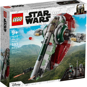 Star Wars: The Mandalorian fans can play out bounty-hunting missions and battles with this brilliant LEGO® brick version of Boba Fett’s Starship (75312). It features a handle for easy flying, an opening LEGO minifigure cockpit, rotating wings, 2 stud shooters and 2 rotating dual blaster cannons (non-shooting). This premium-quality set also includes Boba Fett and The Mandalorian LEGO minifigures with weapons, plus a Carbonite brick that fits in a compartment of the starship. Play and display There is also a transporter vehicle to move the starship and use as a stand so kids can display this awesome building toy in a vertical flying position. The set comes with clear instructions so even LEGO newcomers can build confidently. Galaxy of joy The LEGO Group has been creating brick-built versions of Star Wars™ starfighters, vehicles, locations and characters since 1999. The LEGO Star Wars theme has become hugely successful with construction sets that make super gifts for fans of all ages. Kids can recreate Star Wars: The Mandalorian Season 2 battle scenes and play out their own bounty-hunting missions with this cool LEGO® brick version of Boba Fett’s Starship (75312). Includes 2 LEGO® minifigures: Boba Fett with a blaster and The Mandalorian with his blaster rifle and a beskar spear, plus a Carbonite brick to add to the creative play possibilities. The starship has a handle for easy flying, an opening LEGO® minifigure cockpit, rotating wings, 2 stud shooters, 2 rotating dual blaster cannons (non-shooting) and a compartment for a Carbonite brick. Also includes a transporter vehicle to move the starship on the ground in play scenarios; this also makes a great display stand for builders to show off their creation in an upright flight position. This buildable toy playset offers a fun, creative solo or group activity and makes the best birthday present, holiday gift or surprise treat for trend-setting kids aged 9 and up. The starship measures over 3.5 in. (8 cm) high, 8 in. (20 cm) long and 8 in. (20 cm) wide and makes an impressive centerpiece that will wow your young builder’s friends. Looking for an awesome buildable toy for a child who is new to LEGO® sets? This 593-piece Star Wars™ set comes with step-by-step instructions so they can build with Jedi-level confidence. There are LEGO® Star Wars™ sets to thrill fans of all ages, whether they want to recreate famous scenes, role-play their own stories or just display the brick-built replicamodels. LEGO® components meet stringent industry standards to ensure that they are compatible for a simple, secure connection every time. LEGO® bricks and pieces are tested to the max to make sure that they satisfy demanding global safety standards.