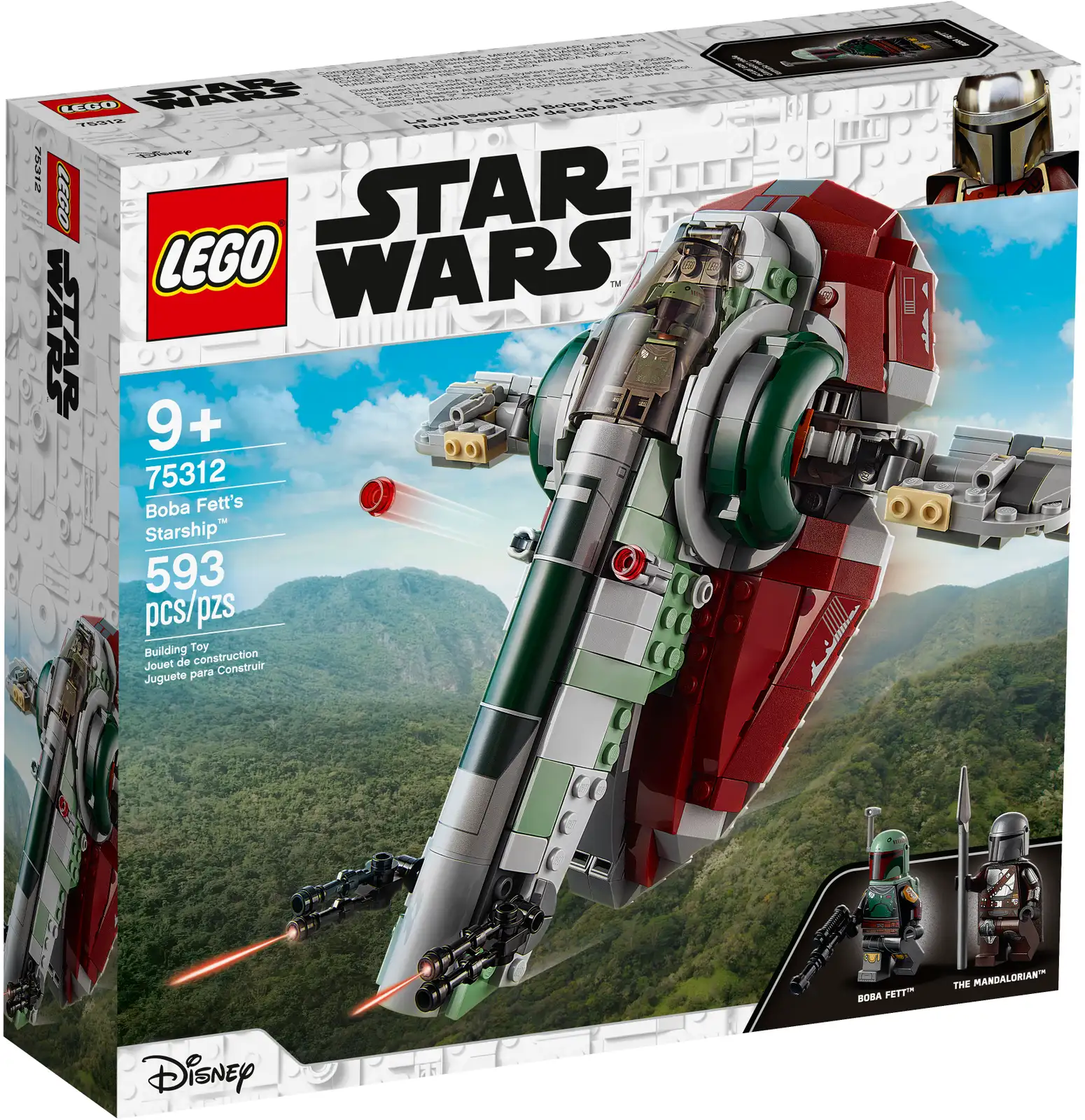 Star Wars: The Mandalorian fans can play out bounty-hunting missions and battles with this brilliant LEGO® brick version of Boba Fett’s Starship (75312). It features a handle for easy flying, an opening LEGO minifigure cockpit, rotating wings, 2 stud shooters and 2 rotating dual blaster cannons (non-shooting). This premium-quality set also includes Boba Fett and The Mandalorian LEGO minifigures with weapons, plus a Carbonite brick that fits in a compartment of the starship. Play and display There is also a transporter vehicle to move the starship and use as a stand so kids can display this awesome building toy in a vertical flying position. The set comes with clear instructions so even LEGO newcomers can build confidently. Galaxy of joy The LEGO Group has been creating brick-built versions of Star Wars™ starfighters, vehicles, locations and characters since 1999. The LEGO Star Wars theme has become hugely successful with construction sets that make super gifts for fans of all ages. Kids can recreate Star Wars: The Mandalorian Season 2 battle scenes and play out their own bounty-hunting missions with this cool LEGO® brick version of Boba Fett’s Starship (75312). Includes 2 LEGO® minifigures: Boba Fett with a blaster and The Mandalorian with his blaster rifle and a beskar spear, plus a Carbonite brick to add to the creative play possibilities. The starship has a handle for easy flying, an opening LEGO® minifigure cockpit, rotating wings, 2 stud shooters, 2 rotating dual blaster cannons (non-shooting) and a compartment for a Carbonite brick. Also includes a transporter vehicle to move the starship on the ground in play scenarios; this also makes a great display stand for builders to show off their creation in an upright flight position. This buildable toy playset offers a fun, creative solo or group activity and makes the best birthday present, holiday gift or surprise treat for trend-setting kids aged 9 and up. The starship measures over 3.5 in. (8 cm) high, 8 in. (20 cm) long and 8 in. (20 cm) wide and makes an impressive centerpiece that will wow your young builder’s friends. Looking for an awesome buildable toy for a child who is new to LEGO® sets? This 593-piece Star Wars™ set comes with step-by-step instructions so they can build with Jedi-level confidence. There are LEGO® Star Wars™ sets to thrill fans of all ages, whether they want to recreate famous scenes, role-play their own stories or just display the brick-built replicamodels. LEGO® components meet stringent industry standards to ensure that they are compatible for a simple, secure connection every time. LEGO® bricks and pieces are tested to the max to make sure that they satisfy demanding global safety standards.