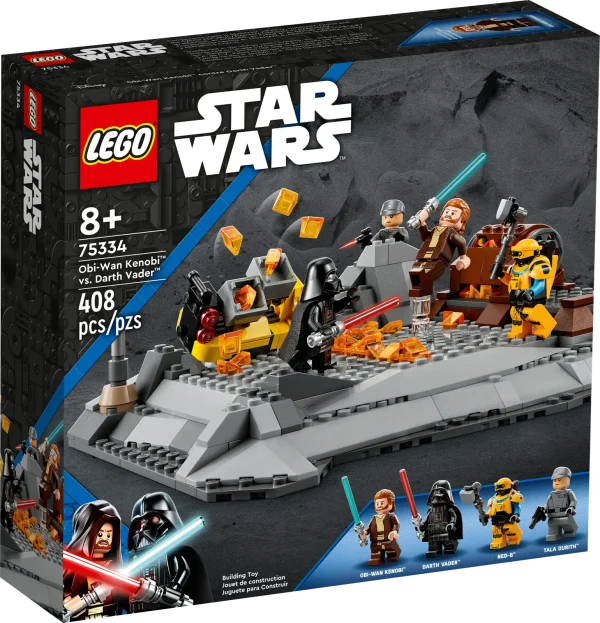 Relive a fiery battle between Obi-Wan Kenobi and Darth Vader with this LEGO® Star Wars™ (75334) buildable toy playset. It features a battlefield with 2 rotating battle platforms, a battlefield-splitting fire pop-up function and a mining cart that can be knocked over. There are also 4 LEGO minifigures included – Obi-Wan Kenobi and Darth Vader, each with lightsabers, Tala Durith and droid NED-B – to play out Star Wars: Obi-Wan Kenobi scenes. Unique Star Wars gift for ages 8 and up Thinking of buying this set as a gift for a Star Wars fan who is new to LEGO sets? No problem – step-by-step illustrated building instructions are included to guide them. Unlimited creative fun The LEGO Group has been recreating iconic starships, vehicles, locations and characters from the Star Wars universe since 1999. The LEGO Star Wars theme has become its most successful one, with a wide variety of cool buildable toys to delight people of all ages. Obi-Wan Kenobi vs. Darth Vader battle set (75334) – Recreate an epic lightsaber duel from Star Wars: Obi-Wan Kenobi with this action-packed LEGO® Star Wars™ buildable toy playset for kids 4 LEGO® minifigures – Obi-Wan Kenobi with a blue lightsaber, Darth Vader with a red lightsaber, Tala Durith with a blaster pistol and droid NED-B with a power hammer and backpack accessory element Play-inspiring features – 2 rotating battle platforms, a translucent stand for Obi-Wan Force-jumps, a fire pop-up function, an opening furnace and a mining cart that can be flipped over and detached Fun gift idea for ages 8 and up – Give this 408-piece building toy as a birthday or holiday gift to trendsetting kids who are into Star Wars: Obi-Wan Kenobi and love action play Brick-built battlefield – The battlefield measures over 3.5 in. (9 cm) high, 9 in. (24 cm) wide and 7.5 in. (19 cm) deep Step-by-step building instructions – Clear, illustrated instructions are included, so even Star Wars™ fans who are new to LEGO® sets can build with Jedi-like confidence Building toys for all ages – LEGO® Star Wars™ sets allow kids and adult fans to recreate memorable scenes and make up their own stories or simply display the buildable models Premium quality – LEGO® bricks meet strict quality standards, ensuring that they connect simply and securely Safety is a priority – LEGO® components are dropped, heated, crushed, twisted and carefully analyzed to make sure they comply with demanding global safety standards