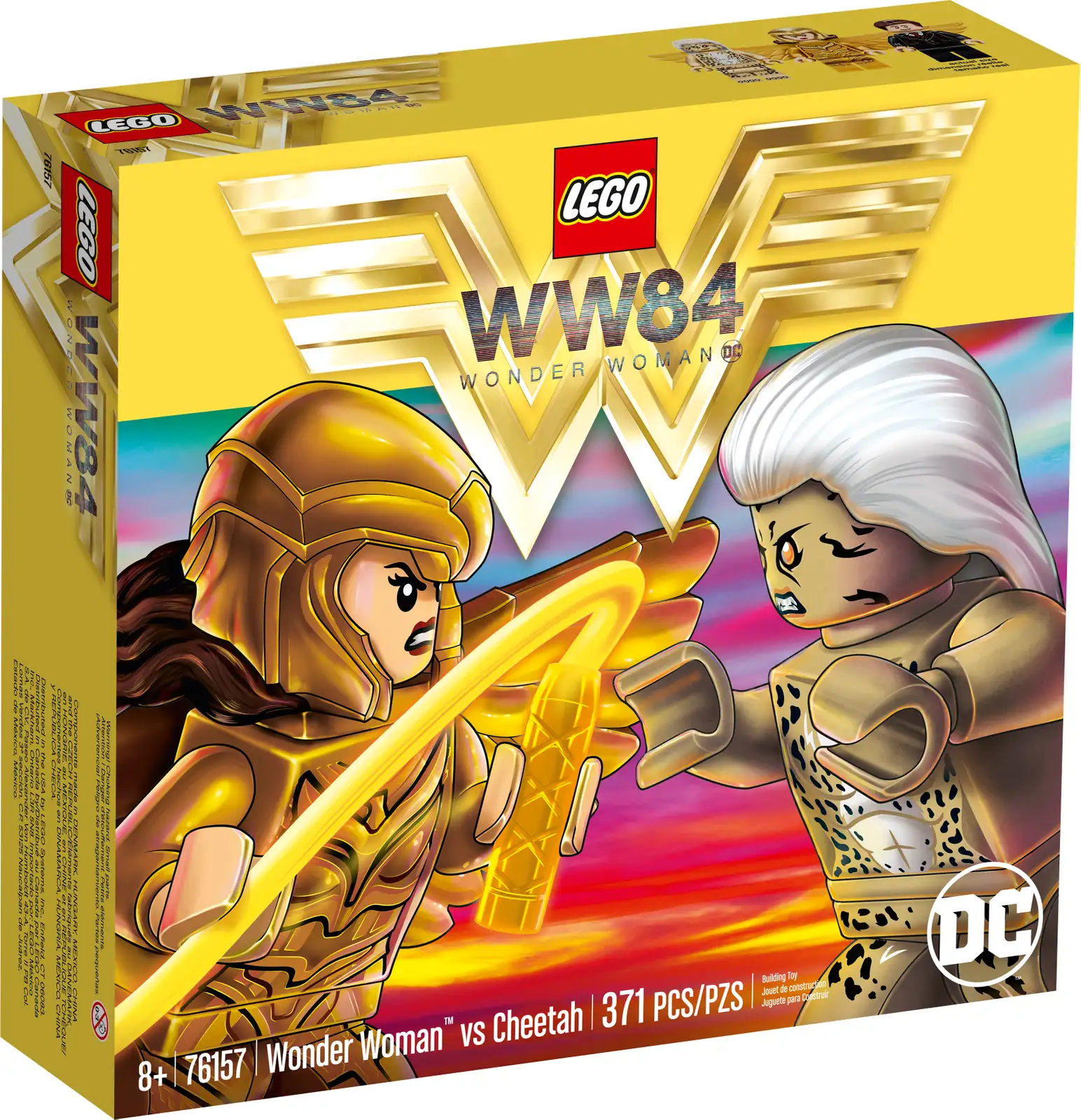 Young super heroes can relive Wonder Woman™ 1984 movie action with the LEGO® DC Wonder Woman vs Cheetah (76157) building kit. When Wonder Woman (Diana Prince™) encounters her archenemy, Cheetah (Dr Barbara Minerva™), at the transmitter tower, the scene is set for an epic battle! Wonder Woman vs Cheetah This action-packed playset gives kids double the fun. Down below in the bunker, Max™ tries to enter the tower, while overhead the transmitter panels rotate. Meanwhile, Wonder Woman and Cheetah confront each other. With super-cool features and so many possibilities for play, young super heroes will experience endless imaginative fun. Popular action minifigure toys from LEGO DC LEGO DC kids’ construction toys let children role-play as their favorite super hero in good vs evil conflicts to save the world! With legendary characters and cool gadgets, LEGO DC building sets make great gifts for kids, inspiring individual and group play that never ends. This 2-sided model includes a high-tech bunker and a revolving transmitter tower. When kids bring Wonder Woman™ (Diana Prince™) and her archenemy, Cheetah (Dr Barbara Minerva™), to the scene… anything can happen! A winged Wonder Woman™ and Cheetah minifigures provide super-hero action, while a Max™ minifigure is at the control center. High above, the transmitter tower rotates through 360 degrees and up and down. Kids can fix the Wonder Woman™ minifigure to the rotating transmitter. As she flies around the tower, Max™ stands at the controls. When the Super-Villain, Cheetah, arrives, it’s time for an epic battle! Boys and girls aged 7 and up will enjoy exciting, imaginative adventures with this popular LEGO® DC Wonder Woman™ toy. A hot, action-packed gift for all young super heroes. Measuring 7” (19 cm) high and 6” (17cm) wide, with a radar dish measuring 7” (20cm) across, the LEGO® DC Wonder Woman™ vs Cheetah (76157) set encourages imaginative play on a large scale. With no batteries required, kids can enjoy this Wonder Woman™ 1984 LEGO® DC playset whenever they want. Hands-on, battery-free play develops their creative thinking, imaginative role play and problem-solving skills. Looking for a super-hero playset for a kid who's new to LEGO® building toys? This Wonder Woman™ and Cheetah toy comes with an easy-to-follow guide that gets kids building and playing without delay. LEGO® DC playsets inspire imaginative group and solo play as kids recreate favorite movie scenes, make up stories of their own and put the awesome playsets on display in their room. LEGO® building bricks meet the highest industry standards to ensure they are consistent, compatible and connect and pull apart easily every time – and it’s been that way since 1958. LEGO® bricks and pieces are dropped, heated, crushed, twisted and analyzed to ensure every building set meets the highest global safety standards for your little super hero.