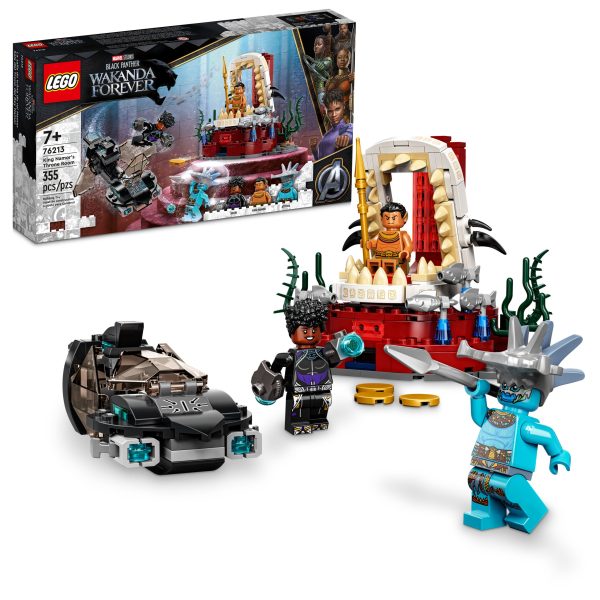 Imaginative underwater action awaits young Super Heroes aged 7 and up in the LEGO® Marvel King Namor’s Throne Room (76213) set. Submarine adventures for Black Panther fans The sleek and stylish recreation of the Skirmisher submarine from Marvel Studios’ Black Panther: Wakanda Forever features stud shooters that kids can fire as they battle the villain Attuma. At the end of the sub’s journey, they’ll discover the Temple of King Namor and the King’s seaweed-decorated throne room. When this mission is over, kids return to the submarine and set off on the next of many more underwater adventures. The set includes 3 minifigures – Shuri, Attuma and King Namor – along with their cool weapons and accessories. Black Panther submarine – LEGO® Marvel King Namor’s Throne Room (76213) takes Black Panther fans’ imaginations on an underwater adventure Marvel characters – Includes Shuri, Attuma and King Namor minifigures. The buildable submarine and throne room also includes seaweed and fish accessories Many ways to play – This 2-part set offers diverse play possibilities as kids explore endless adventures at the temple and aboard the submarine Gift for Marvel fans – A birthday or holiday gift for young Super Heroes aged 7 and up Portable play – This submarine measures over 1 in. (4 cm) high, 5 in. (13 cm) long and 1 in. (4 cm) wide, making it easy for kids to take the play wherever they go Boosts creativity – All LEGO® Marvel building toys provide young Super Heroes with premium-quality playsets designed to deliver endless imaginative play possibilities Quality guaranteed – LEGO® components fulfill stringent industry quality standards to ensure they are consistent, compatible and connect and pull apart easily every time Safety assured – LEGO® components are dropped, heated, crushed, twisted and analyzed to make sure they satisfy rigorous global safety standards